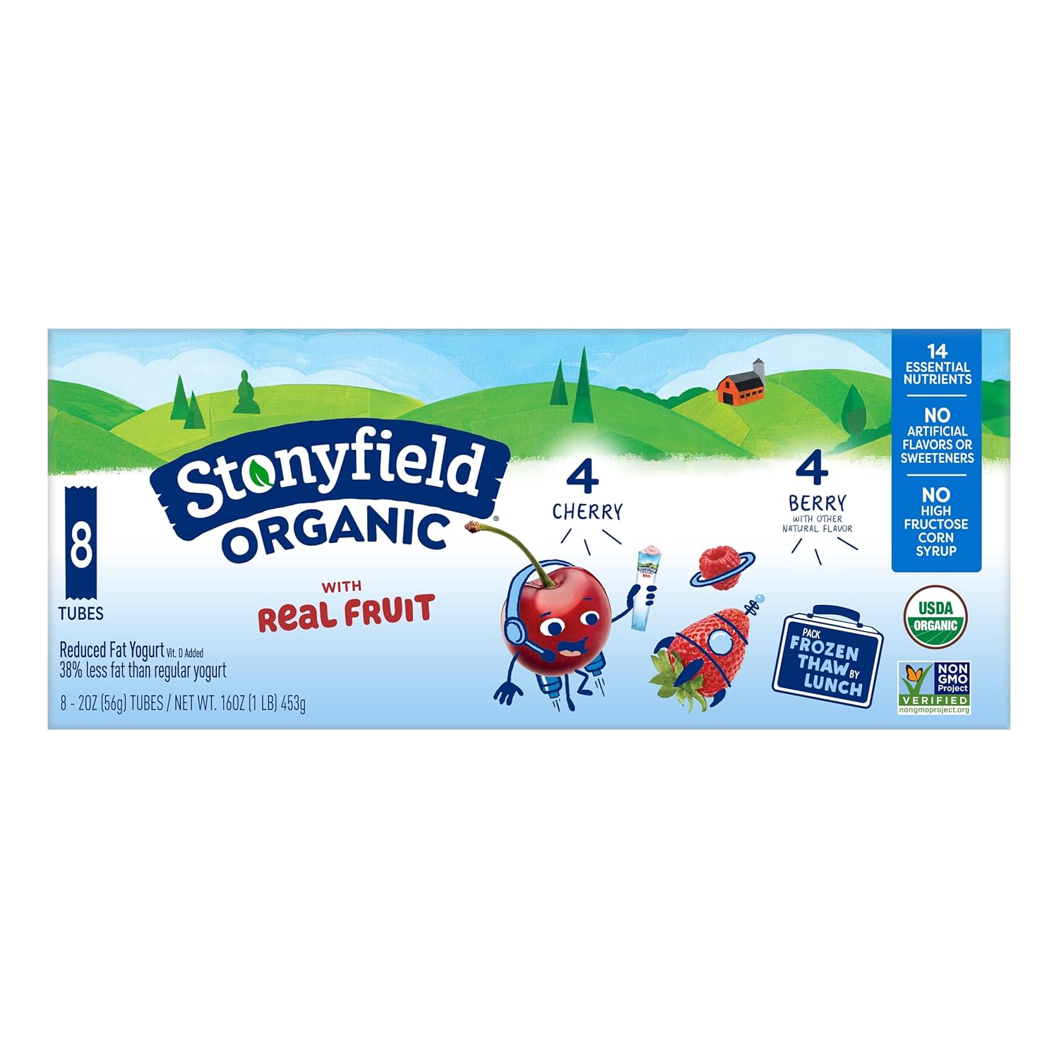 Stonyfield Organic Kids Lowfat Yogurt Tubes Variety Pack, Cherry & Berry, 8 Ct 2oz - #1 Organic Snack, No Artificial Flavors