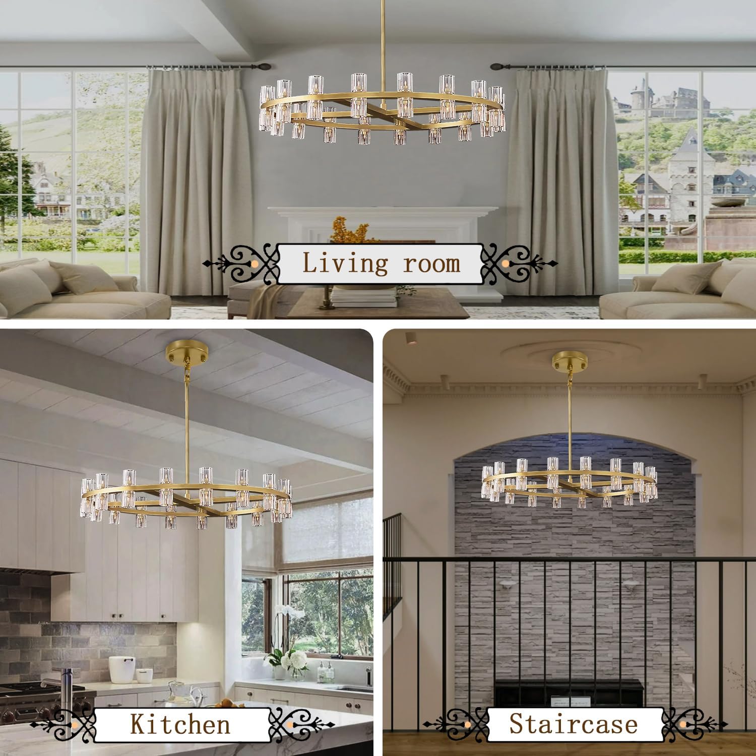 D32 Gold Wagon Wheel Chandeliers Modern 32-Lights Gold Round Chandelier Glass Chandeliers for Dining Room,Living Room Vintage Chandelier