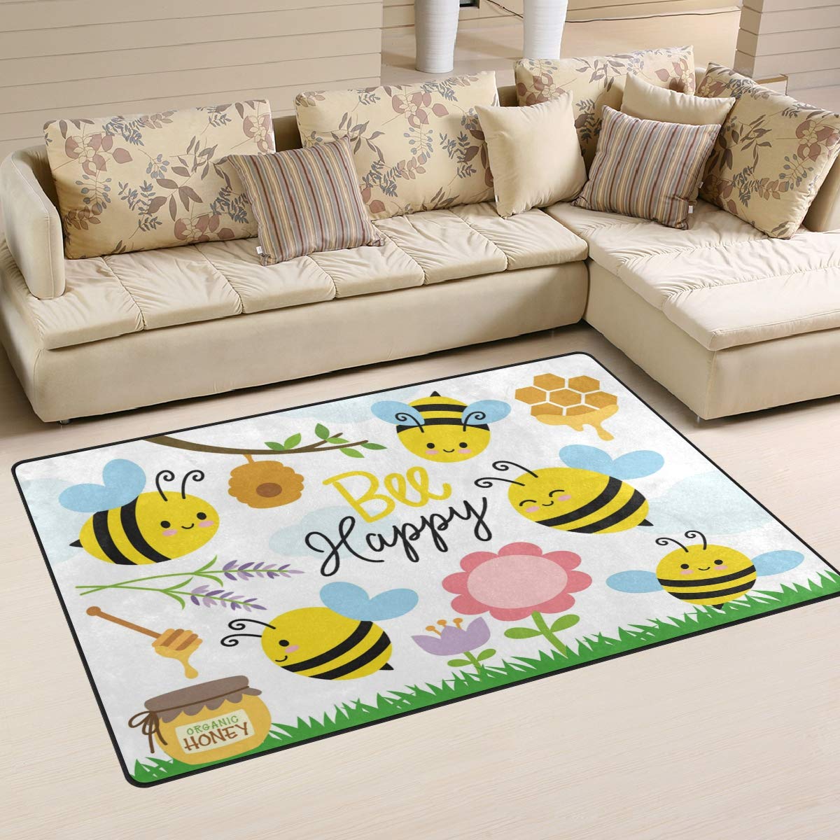 ALAZA Home Decor Cute Bees and Honey Door Mat, Living Room Carpet for Girl's Room Home Indoor Decor 3'x5'