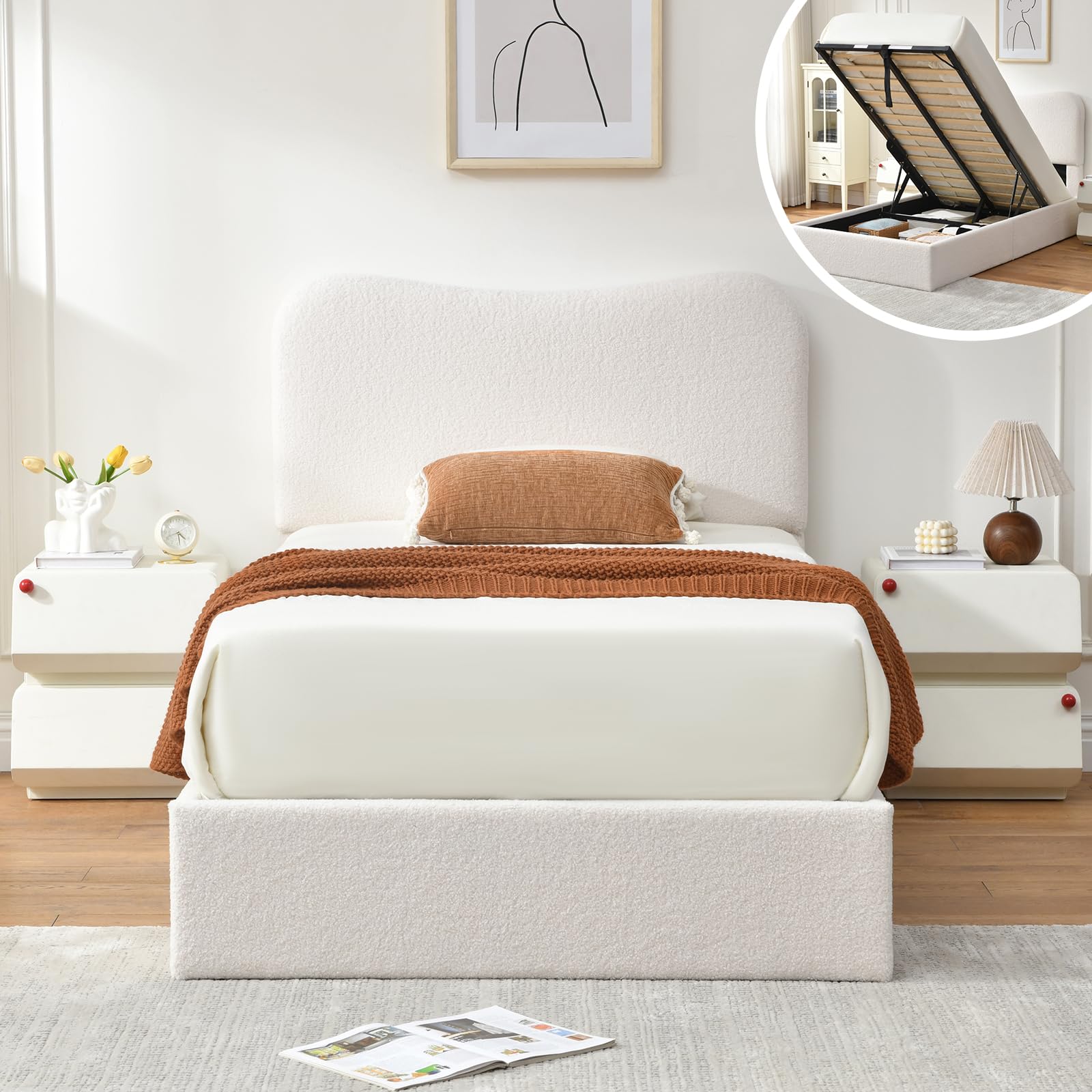 VELOCAVA Twin Size Lift-Up Storage Bed, Modern Upholstered Boucle Bed with Curved Headboard, Gas Lift Platform, Sturdy Wooden Slat Support, No Box