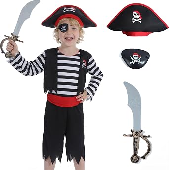 Pirate Costume Kids, Pirate Costume Boys, Caribbean Jack Sparrow Captain Hook Buccaneer Outfit for Boys 3-8 Years
