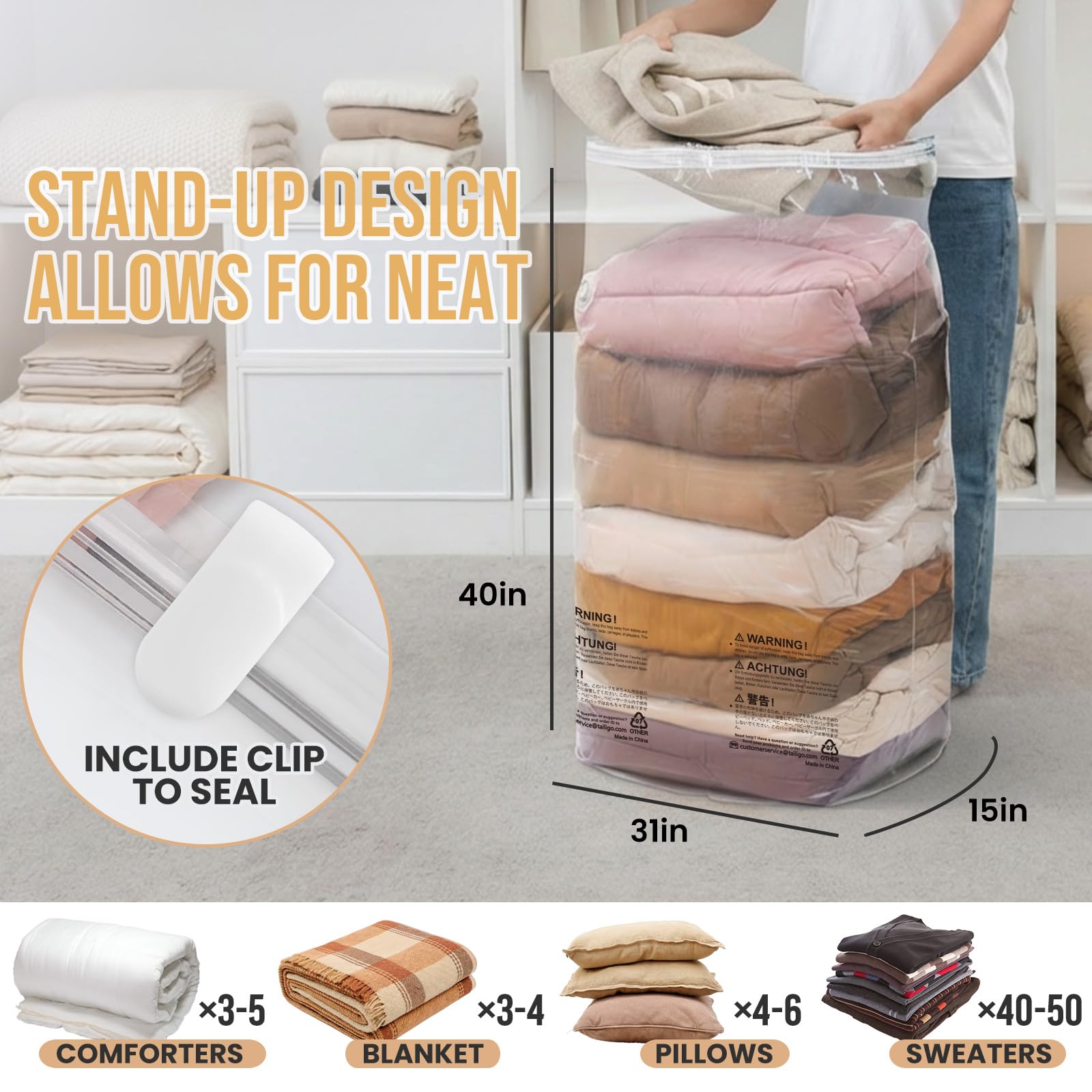 TAILI Lot de 6 sacs de rangement sous vide extra larges pour couettes, couvertures, literie, vêtements, couettes, placard, 78,7 x 101,6 x 38,1 cm, transparent