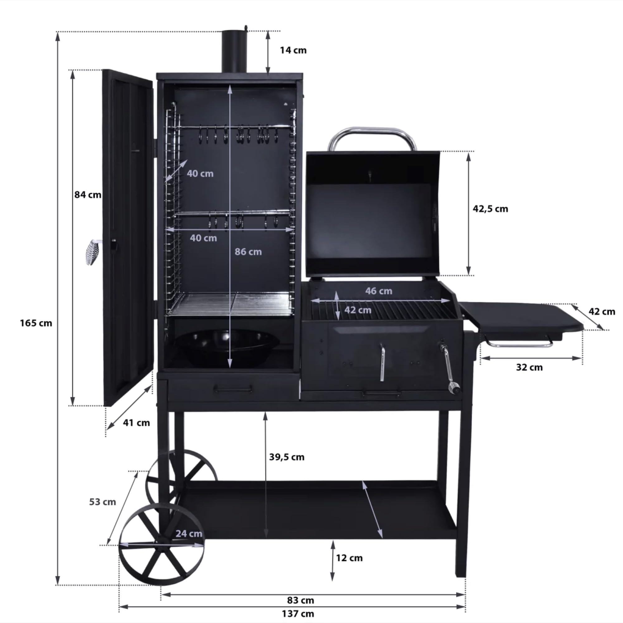 Syntrox Smoker Klavor mit Räucherofen, BBQ-Grill, Holzkohlegrill. Smokergrill, Stahl, Stahlblech mit Feuerschutzlack, Grillkammer und Räucherkammer, Holzgriffe, Aschetür mit Riegelverschluss