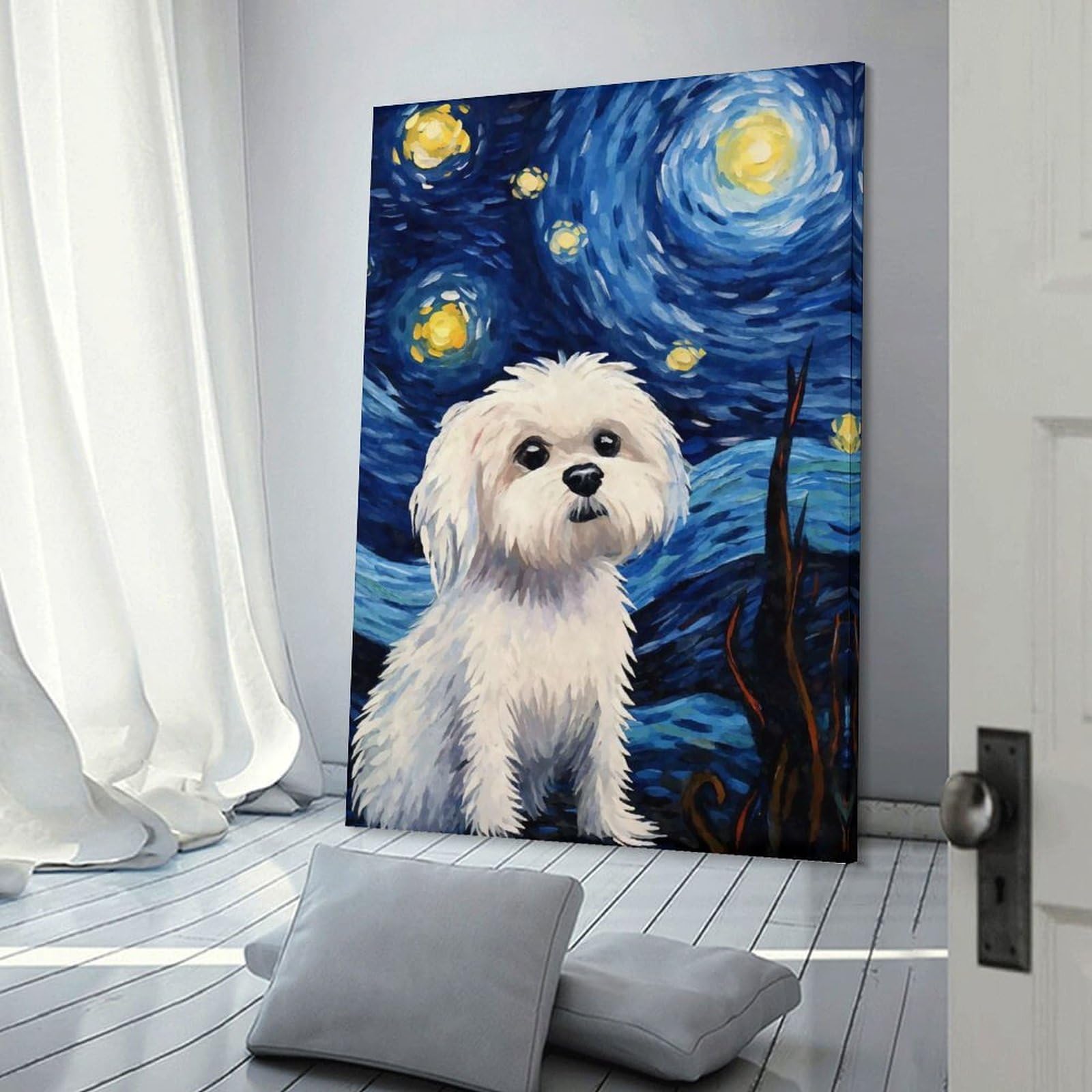Junmoney Frame-Style-6 Canvas Wall Decor Maltese Dog Starry Night, 16X24inch(40X60cm), For Home Lounge, Bedroom Or Reading Nook, Eye Catching Artwork For Blank Walls
