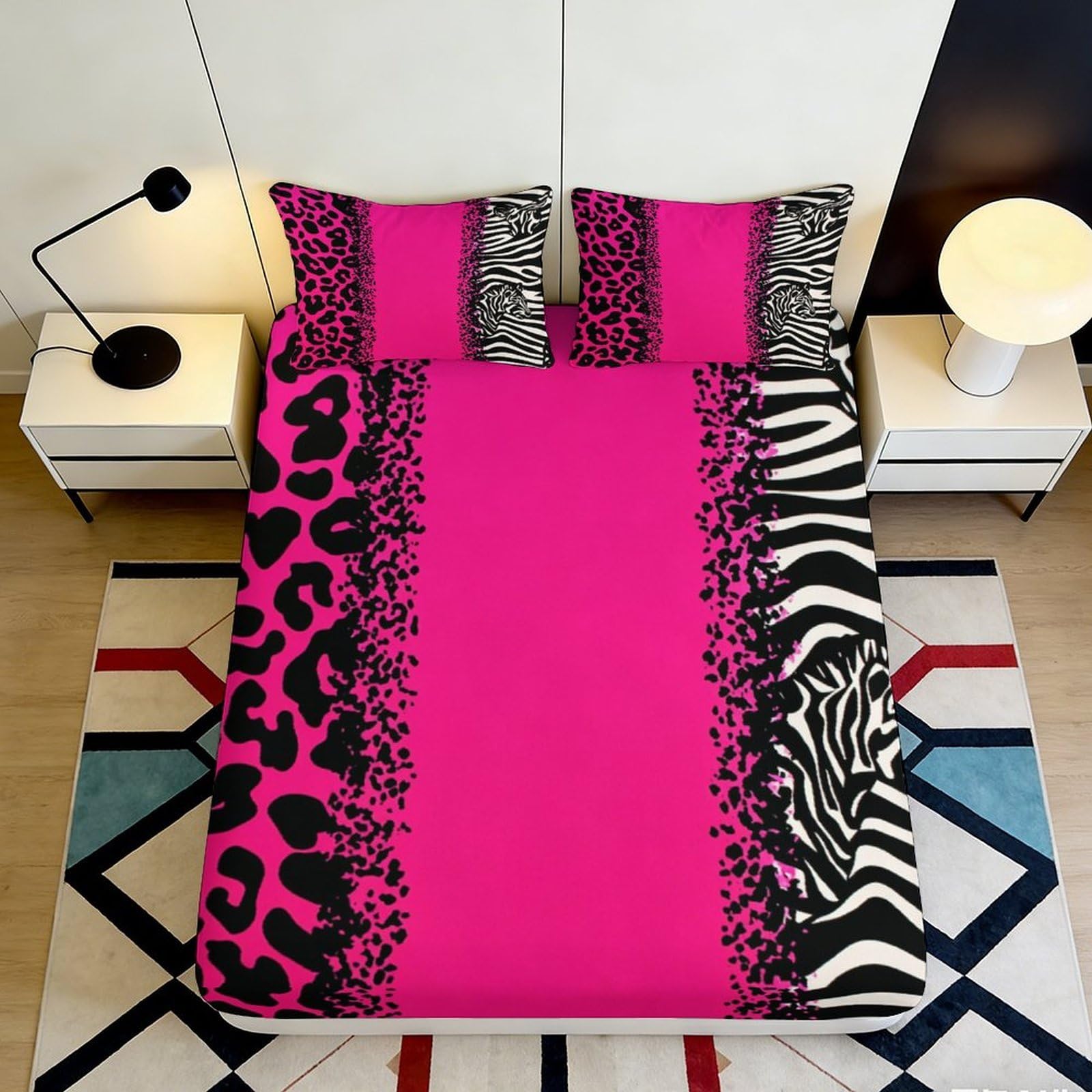 3D Printed Pink Leopard Fitted Sheet Microfiber Soft Zebra Stripe Mattress Cover for Bedroom Guestroom Decor 160x200x25cm