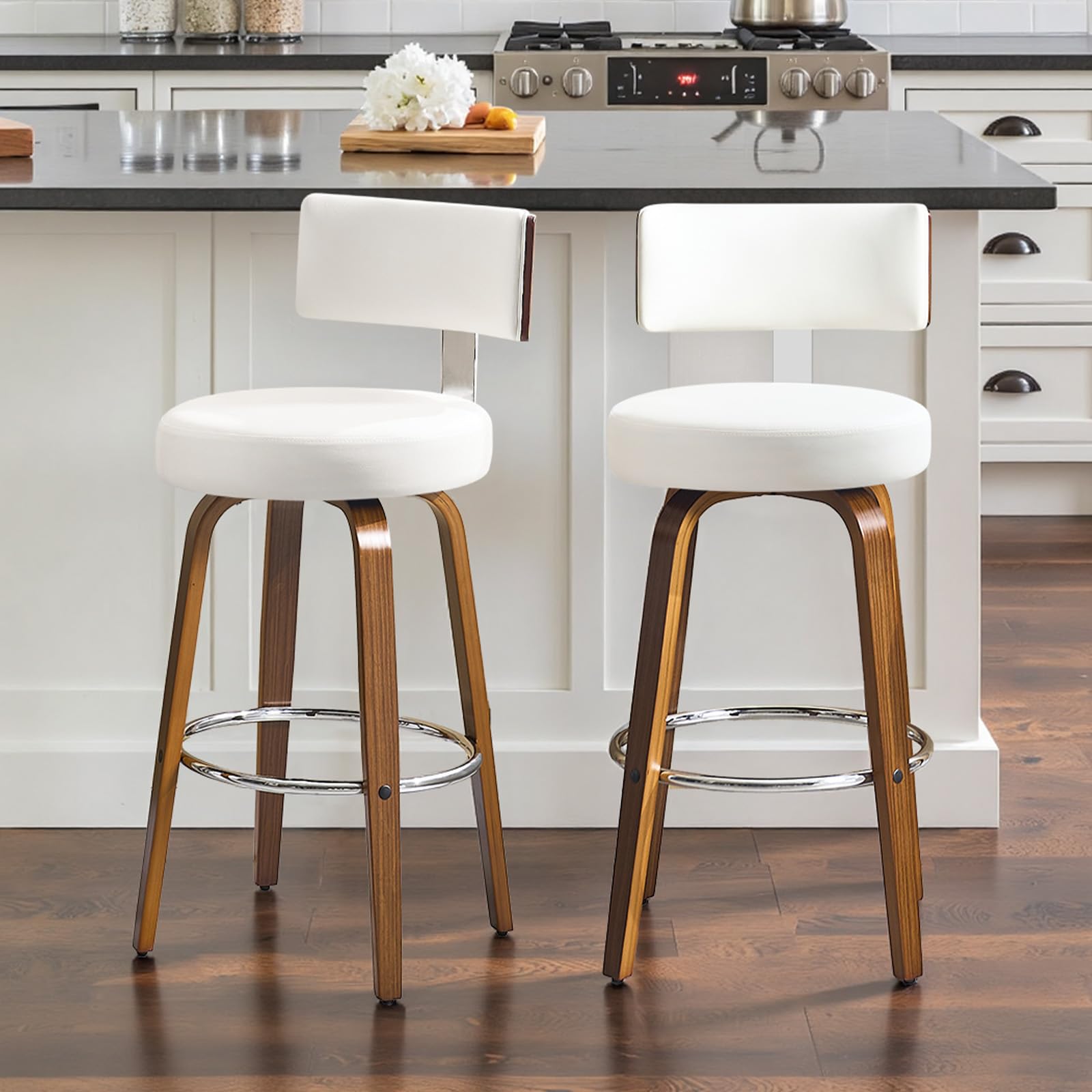 Bekrvio Set da 4 Sgabelli Girevoli con Altezza da Bar, Sgabelli da Bar in Legno Massiccio con Schienale, Altezza Seduta 65 cm, Sedia Girevole da Bar–Sgabello da Bar per Esterno Resistente agli Agenti