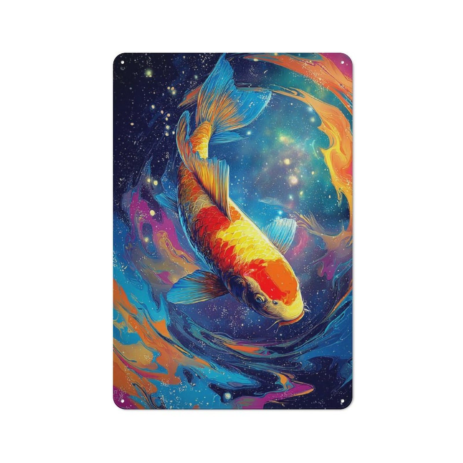 Junmoney Colorful Koi Fish In Cosmic Water -1 Industrial Metal Sign 30X20cm, Clean Industrial Loft Wall Plaque For Modern Home, Workshop, Office Or Cafe