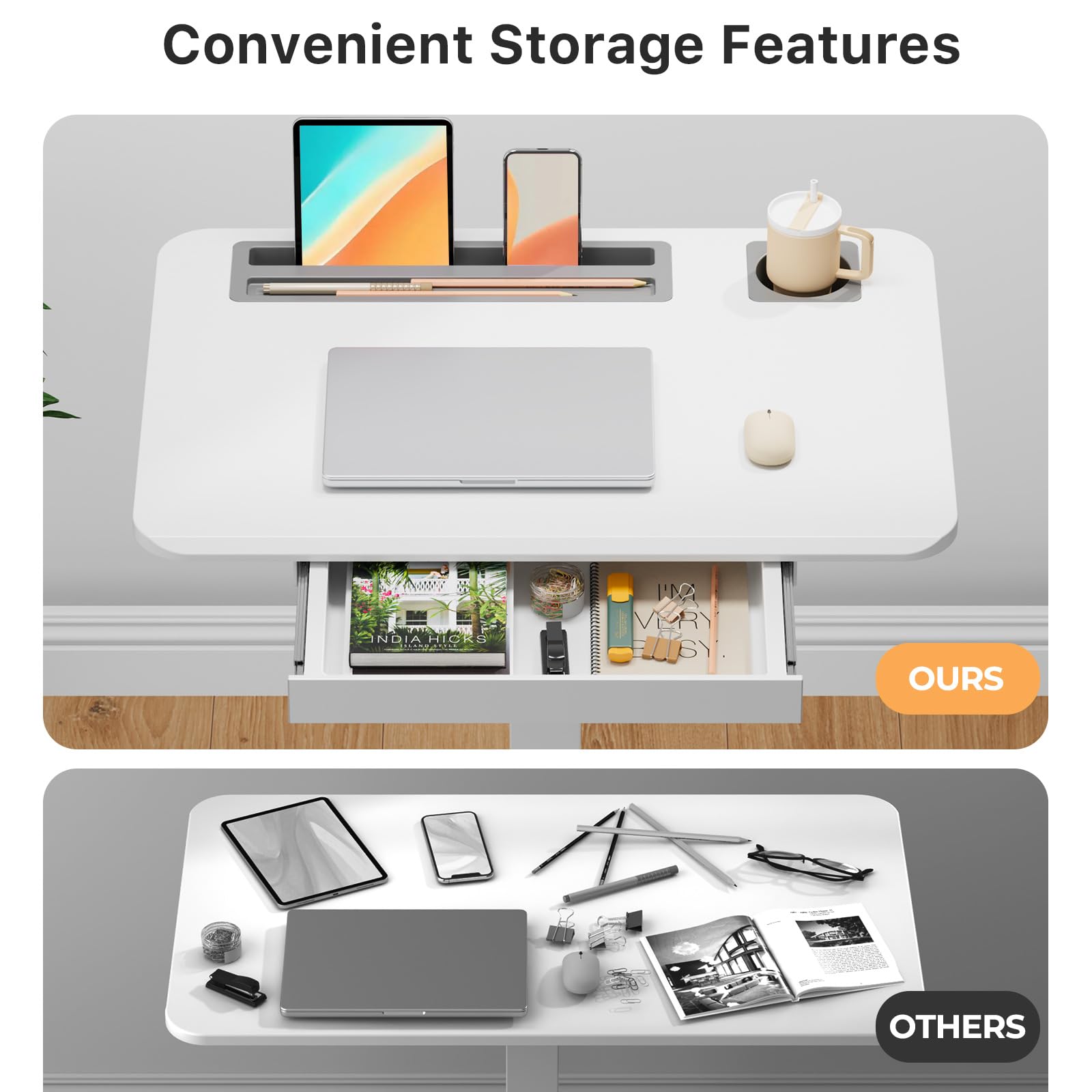 Mobile Standing Desk with Drawer 28 Rolling Desk with Cup Holder and Hooks Portable Laptop Cart on Wheels — view 3