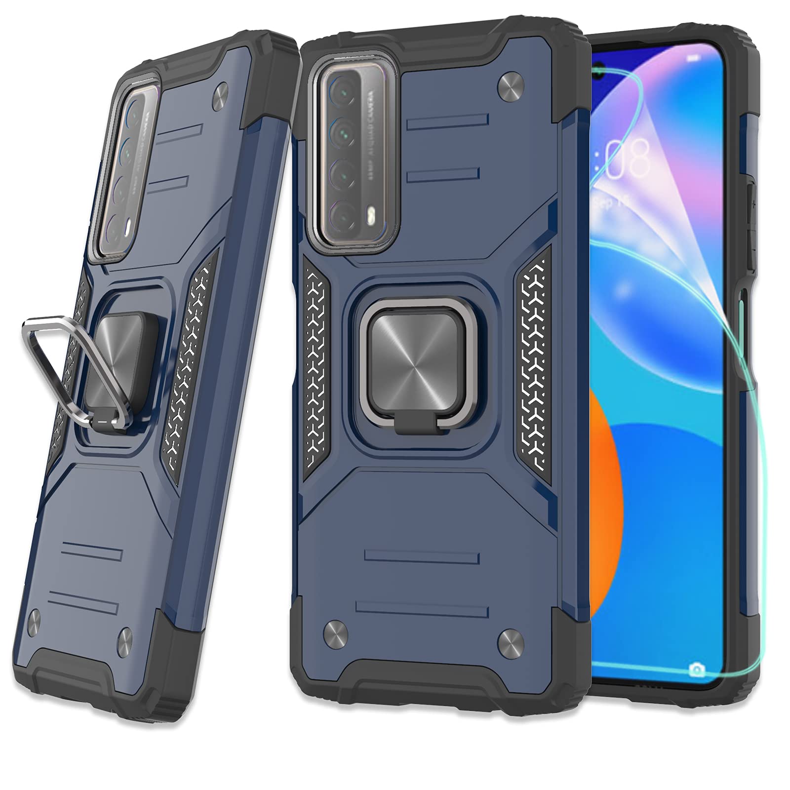 ZingCon Compatible for Huawei P Smart 2021 Phone Case,Y7a Case,[HD Screen Protector] Military Shockproof Protective Ring Kickstand Strengthen Corner Cover Fitting Magnetic Car Mount-Blue
