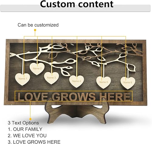 Vista 216 de Árbol genealógico con etiqueta de corazón, placas de madera grabadas personalizadas, regalos personalizados para madres, padres, escritorio, nombres