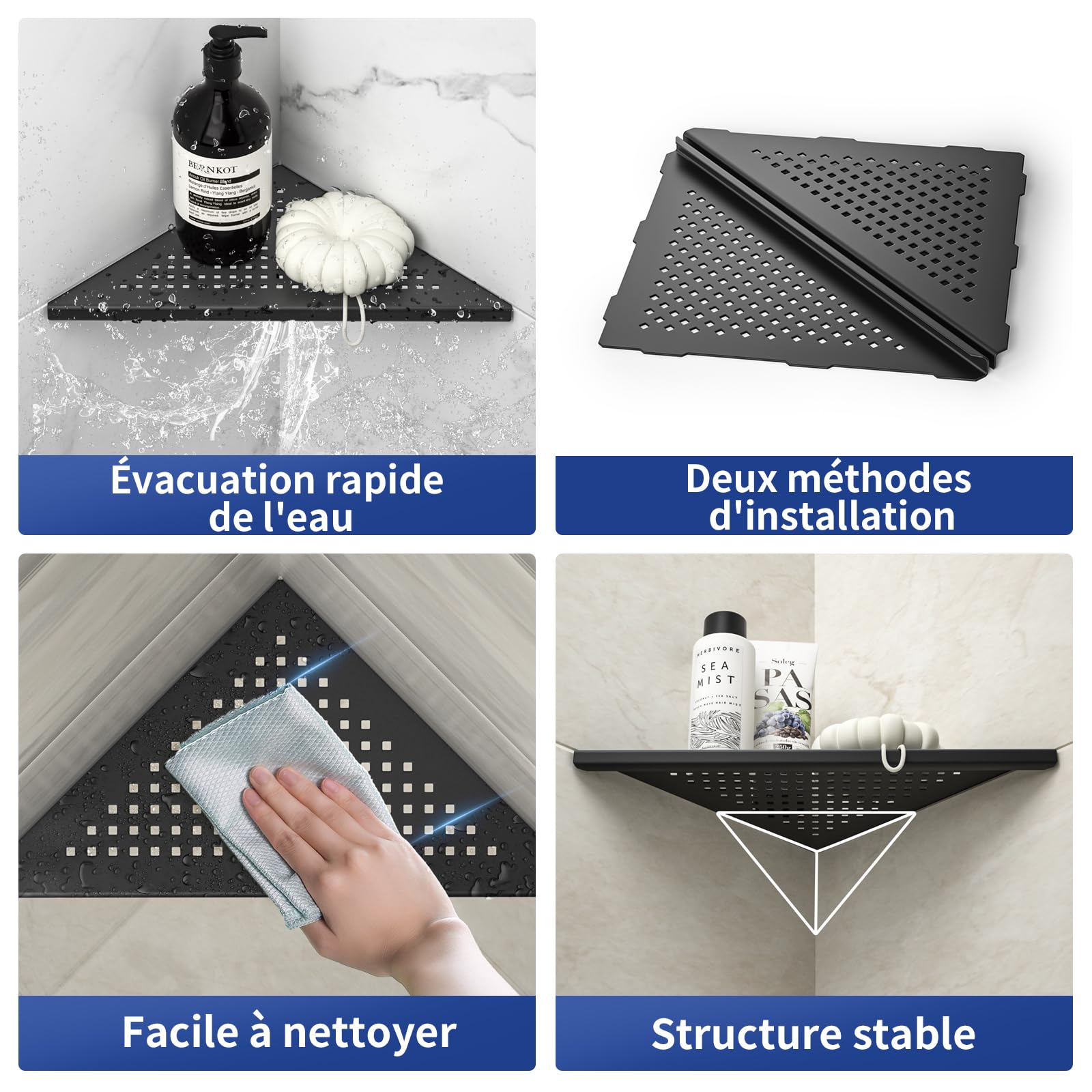 Lot de 2 étagères d'angle en Acier Inoxydable 304 - sans perçage - pour Salle de Bain - Trou carré - 253 x 253 x 355 mm - Noir