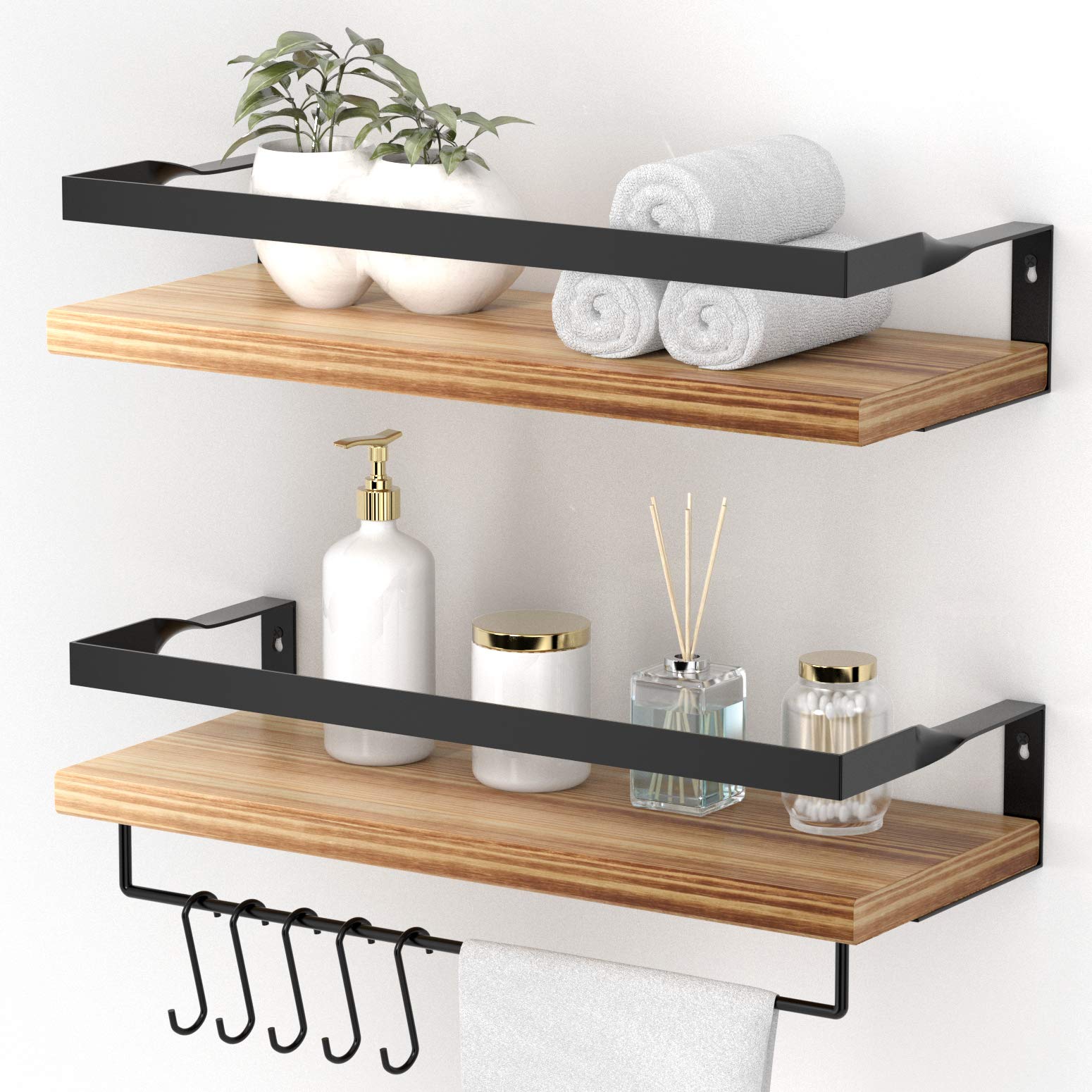 Floating Shelves with Towel Bar, Wall Mounted Storage Shelves Organizer for Bathroom, Kitchen, Bedroom, Living Room & Hallway, Set of 2