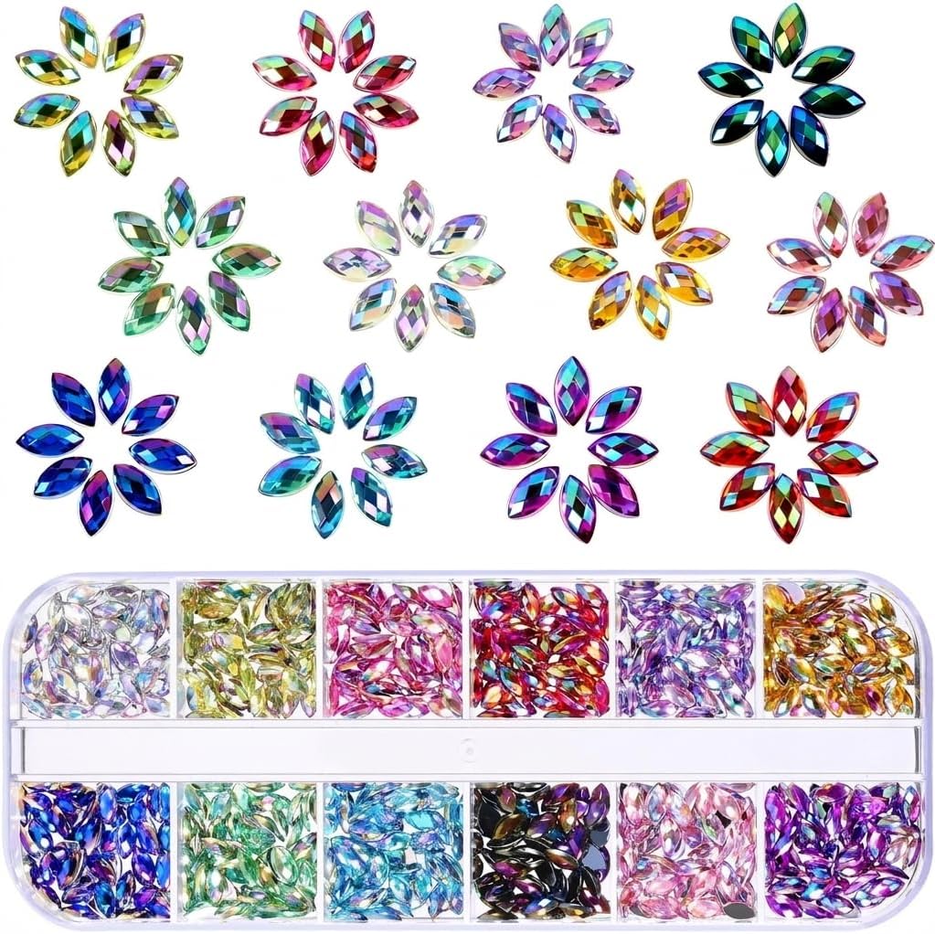 Nail Rhinestones 1200 Pieces 12 Colors Flat Back Gems with Box