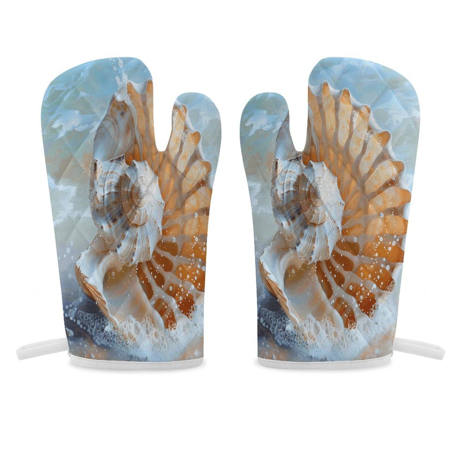 Ocean Seashell Oven Mitt Heat Resistant Potholder Set,Durable Oven Gloves for Gifts,Glove Pot Holder for Cooking Baking Grilling BBQ