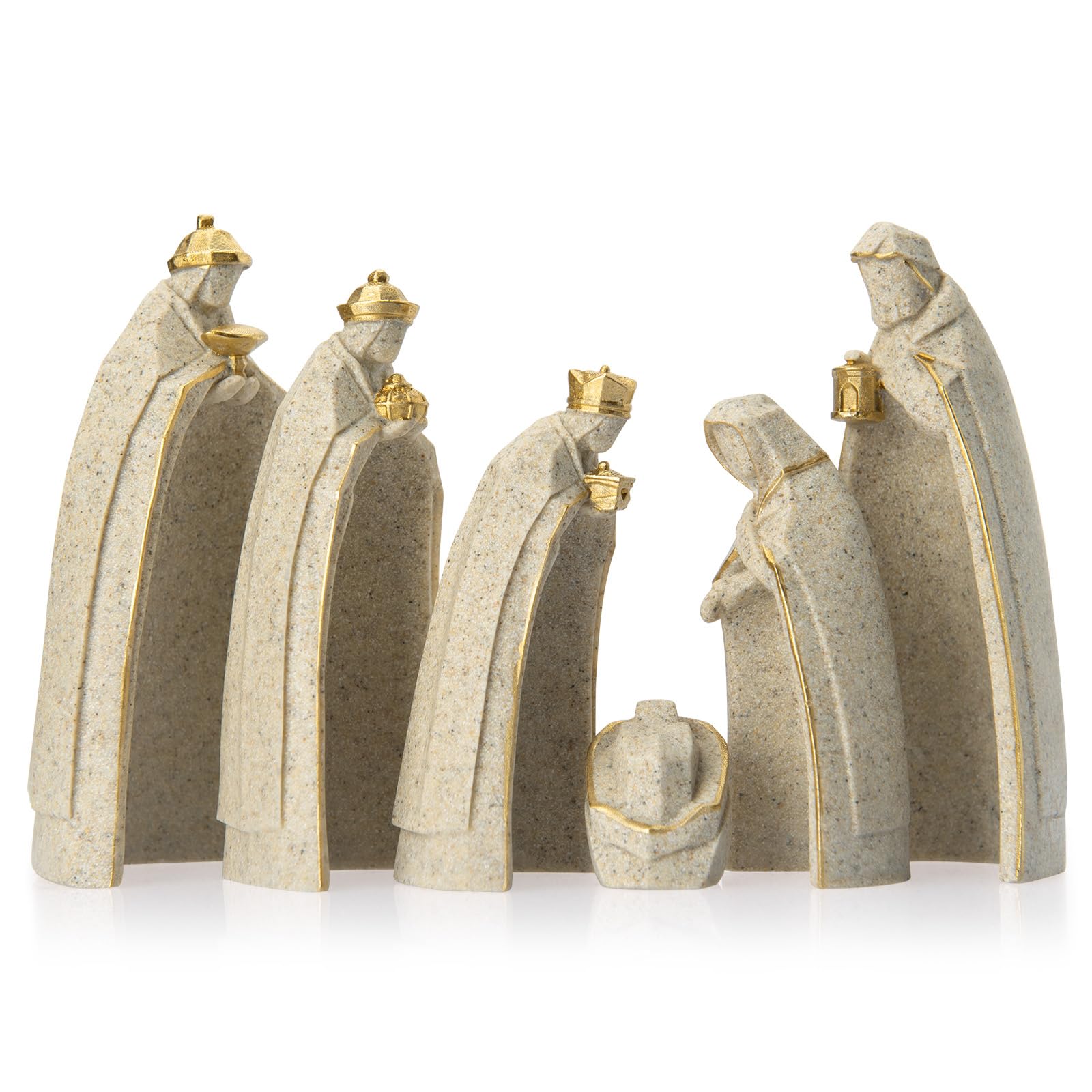 ChuangJie Nativity Scene Figurine Set, Resin, Holy Family with Three Wise Men, Stone Finish with Gold Accents, 6 Piece