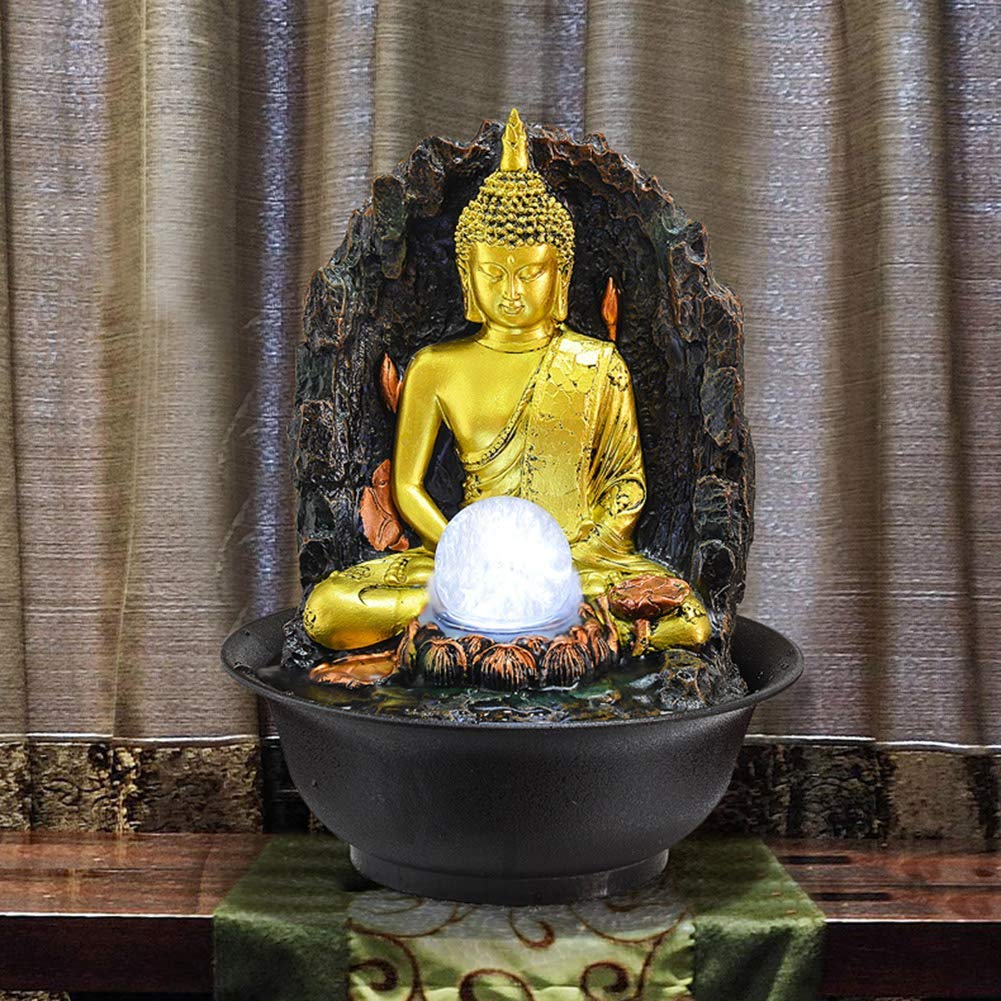 Una fontana di Buddha illuminata, fontana di meditazione zen per interni, statua di Buddha in resina, regali e decorazioni, fontana di acqua feng shui dorata da 11 pollici
