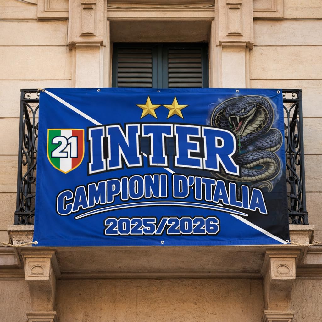 Banner Striscione con Occhielli In PVC per esterno Celebrativo Interisti 21° Scudetto 2026 Campione D'Italia, STAMPA PROFESSIONALE Tifosi Nerazzurri Ultras Calcio Sport Beneamata (100x75 cm)