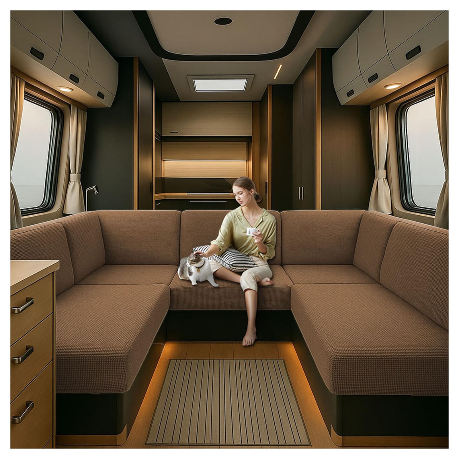 Caravan Seat Cover Waterproof Stretch Jacquard, Non-slip RV Dinette Cushion Covers with 2 Straps with Elastic Straps Multi-Size Fit for Camper, Motorhome & Indoor (Brown,W 130-160 cm, D 60-90 cm)