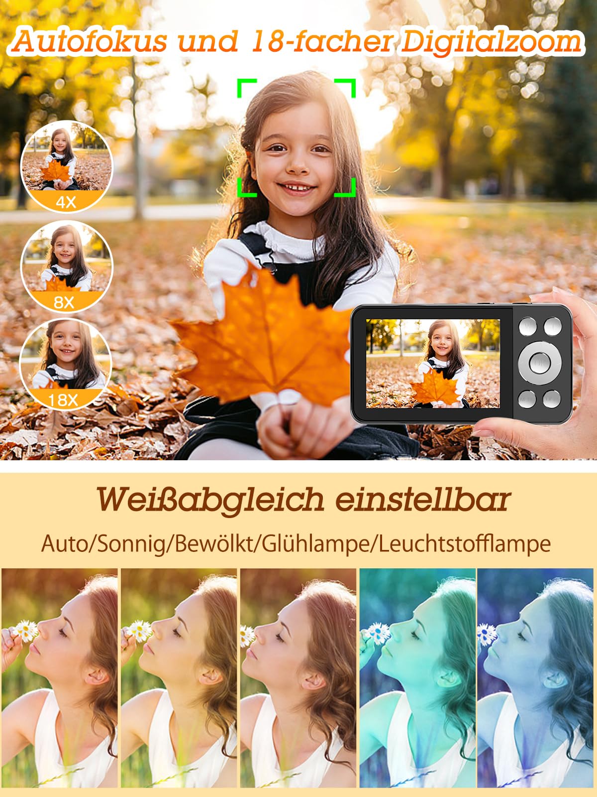 4K Digitalkamera, 64MP Autofokus Kompaktkamera, 18-facher Digitalzoom, 2,8" Display, Zeitraffer & Loop-Aufnahme, Webcam, Kompakte Kamera mit 32GB SD-Karte, Ideal für Anfänger & Erwachsene