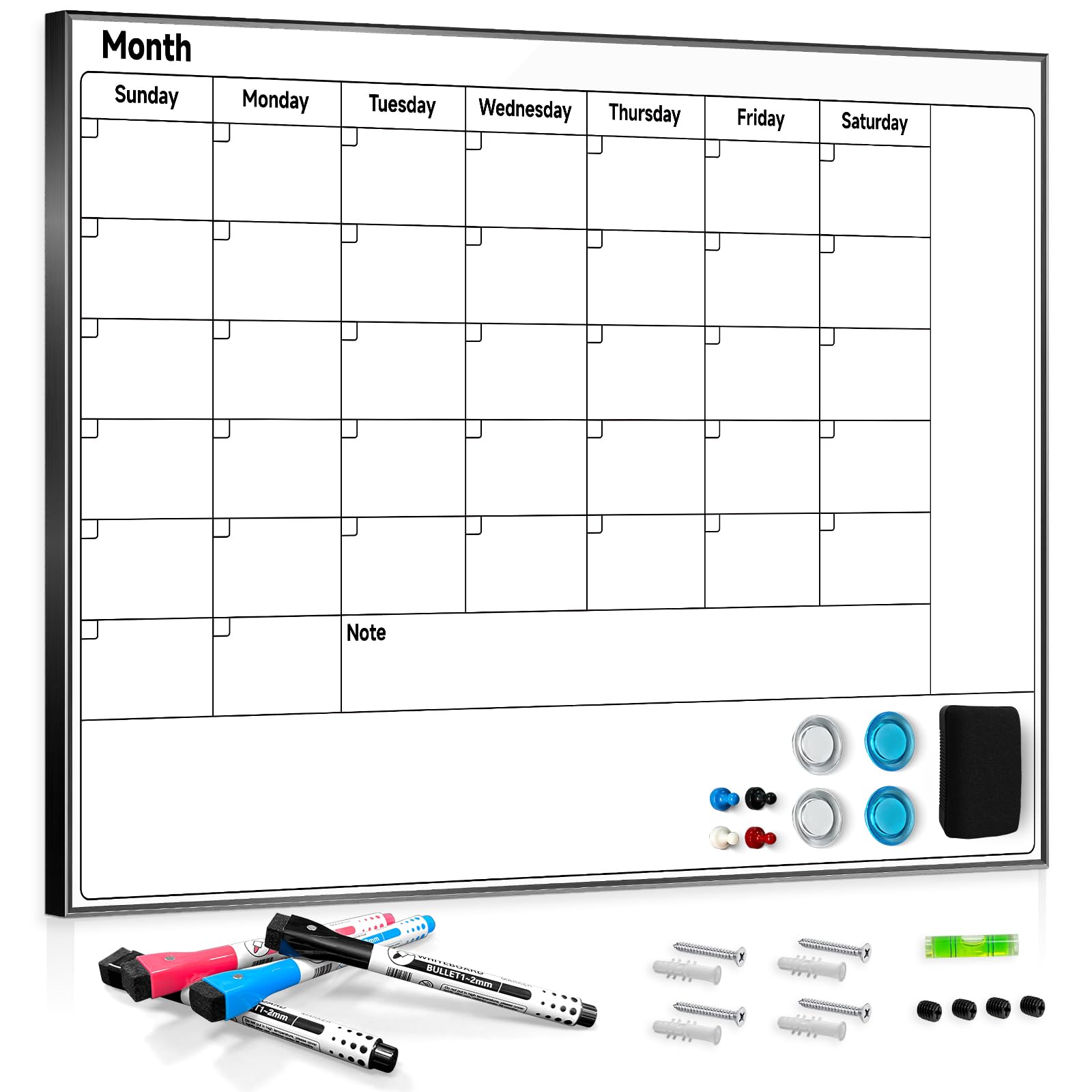 ANLIOTE Monthly Calendar Whiteboard 60x45cm, Magnetic Wall-Mounted Dry Erase Planning Board with Black Aluminium Frame | for Home, Office, School | Includes Marker Pens, Eraser, Magnets & Mounting Kit