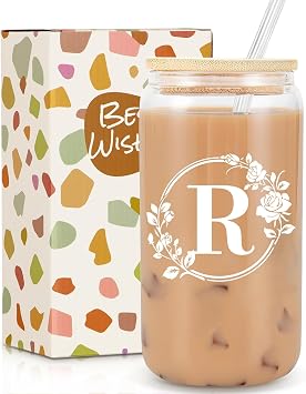 Gifts for Women, Birthday Gifts for Women, Personalised Monogrammed Gift, 16oz Initial Glass Cup with Lids Straws, Personalised Custom Cute Glass Cup for Mom, Teachers, Friends, Initial R