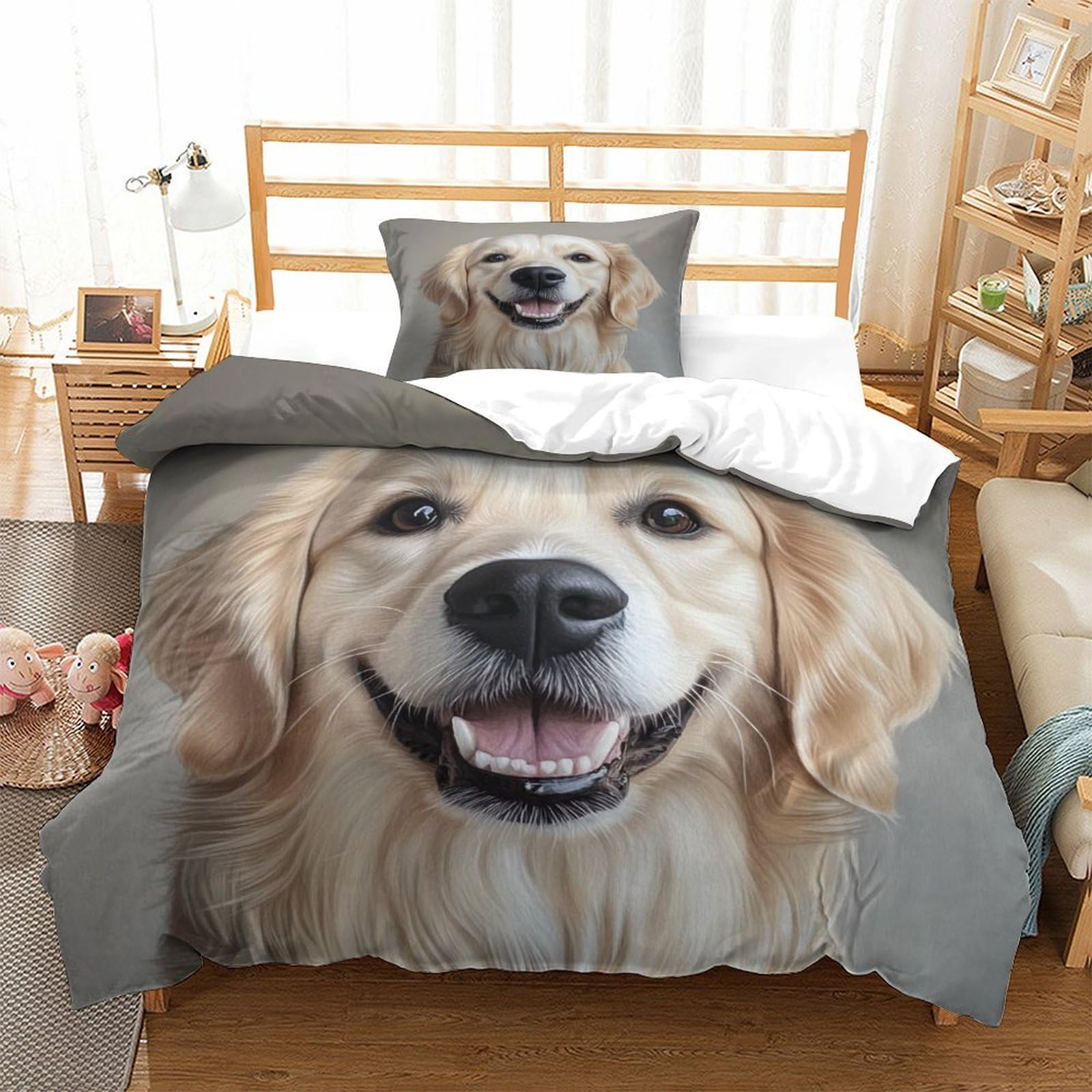 QDZHCPMYK Golden Retriever 3Pcs Bedding Set Printed Quilt Cover,3D Duvet Cover for Boys Adult, Microfibre, with Pillowcases Easy Care Microfiber Comforter Cover Hidden Zipper Single（135x200cm）