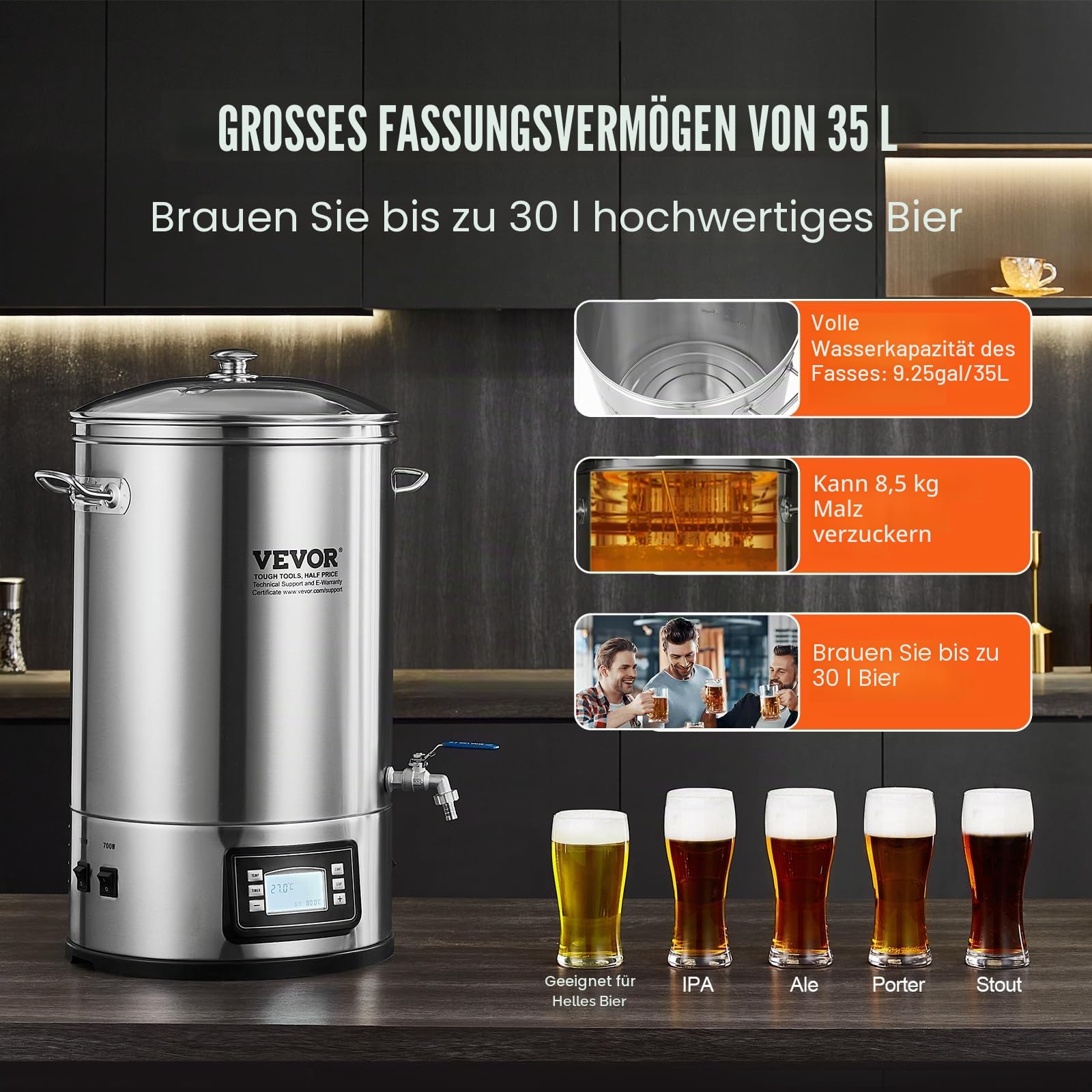 VEVOR Edelstahl Bierbrauanlage Wasserkocher 35 L, Wasserkocher zum Brauen, Heimbrauzubehör für Bier, Bierbraugerät Set inkl. Glasdeckel, Griff, Zapfhahn, Elektronische Bedienblende Gewerblich