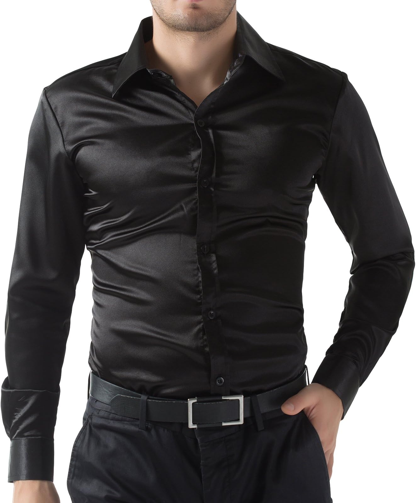 PAUL JONES Men's Black Silk-like Satin Casual Dress Shirts Size L