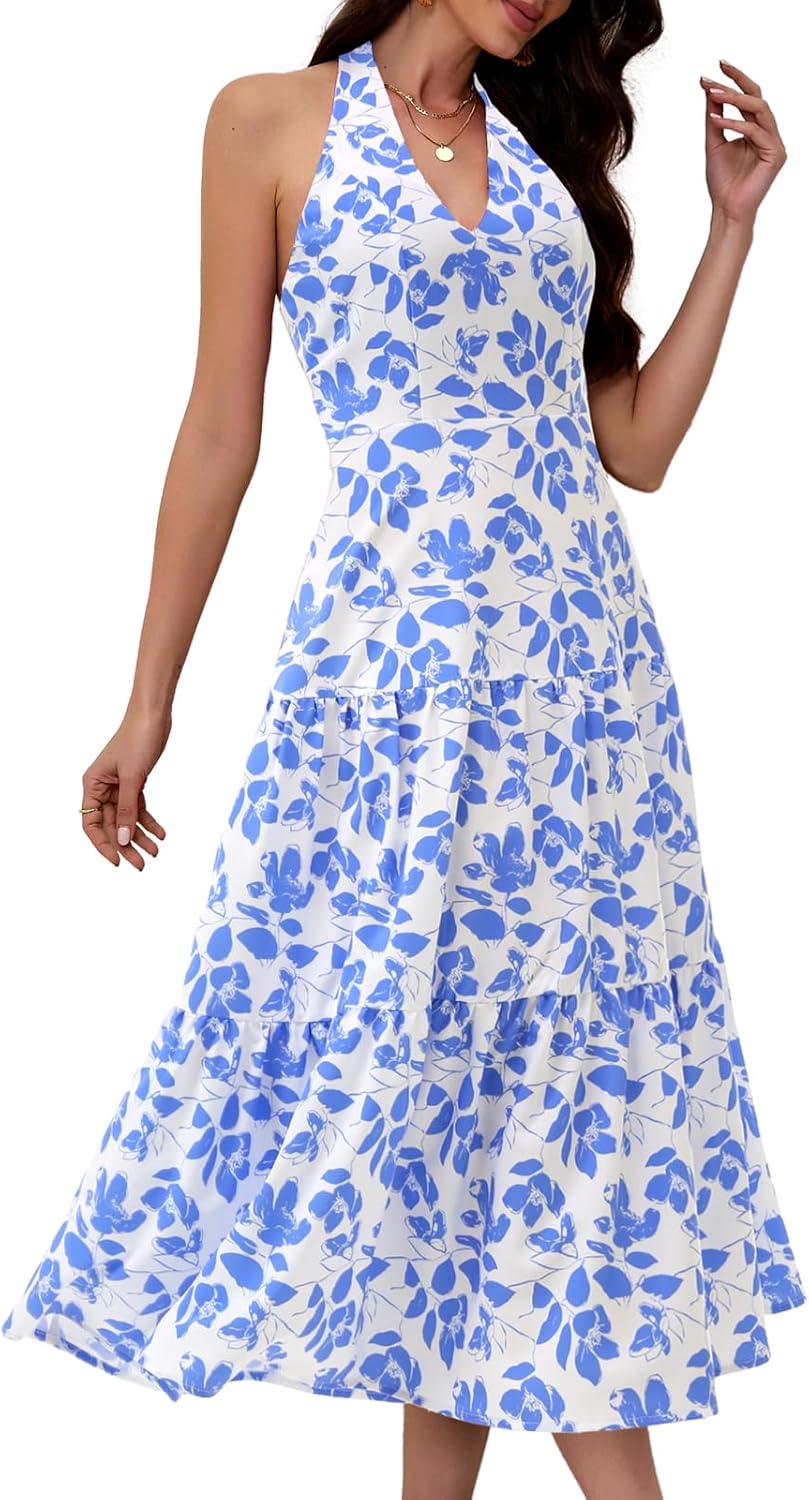 DRESSTELLS Womens Summer Floral Maxi Dress 2026 Casual Halter Spaghetti Strap Tiered Flowy Beach Long Sundress