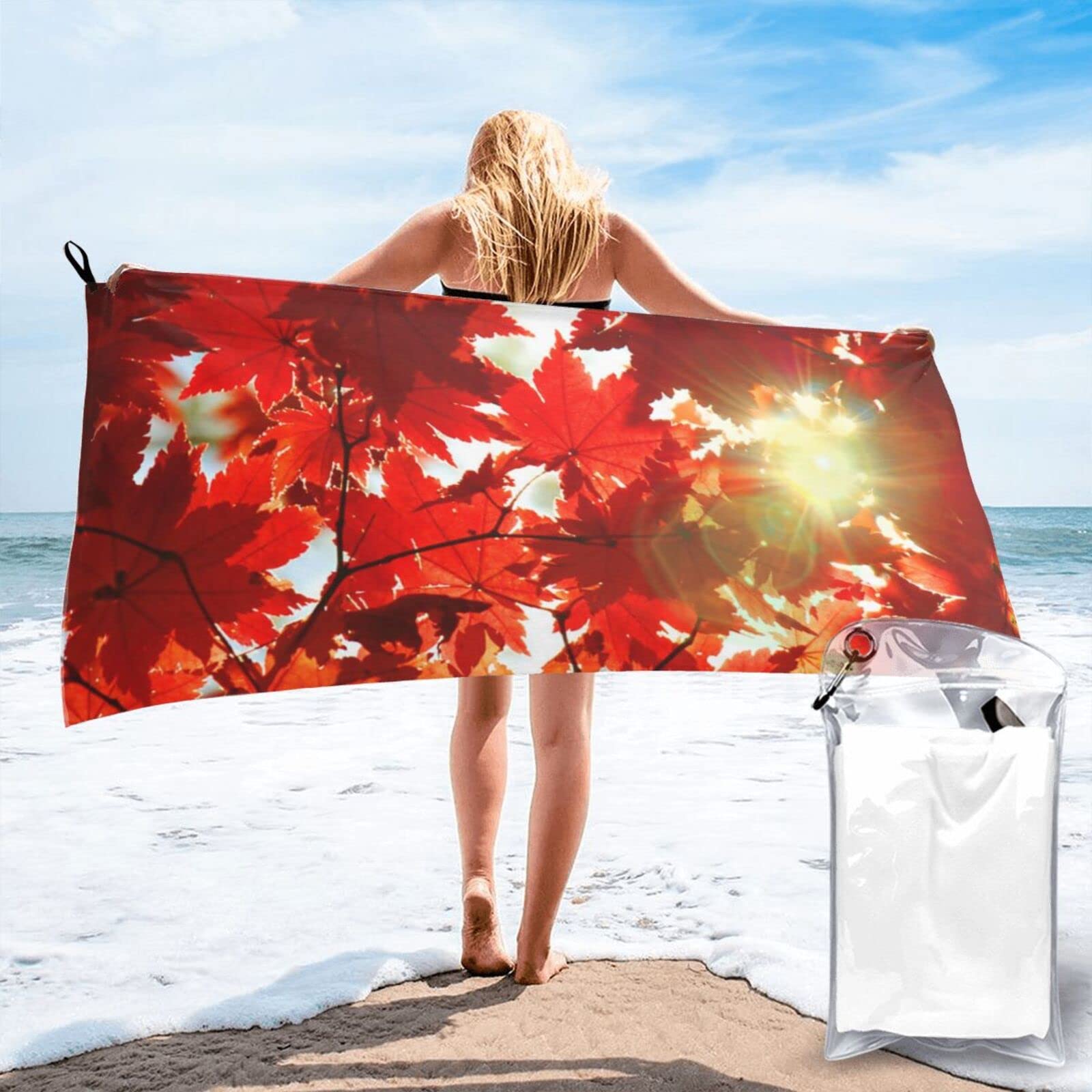 Lawenp Autumn Maple Leaves Microfiber Beach Towel Adults Large Quick Drying Bath Towel Travel Towels with Pouch 27.5"x55"