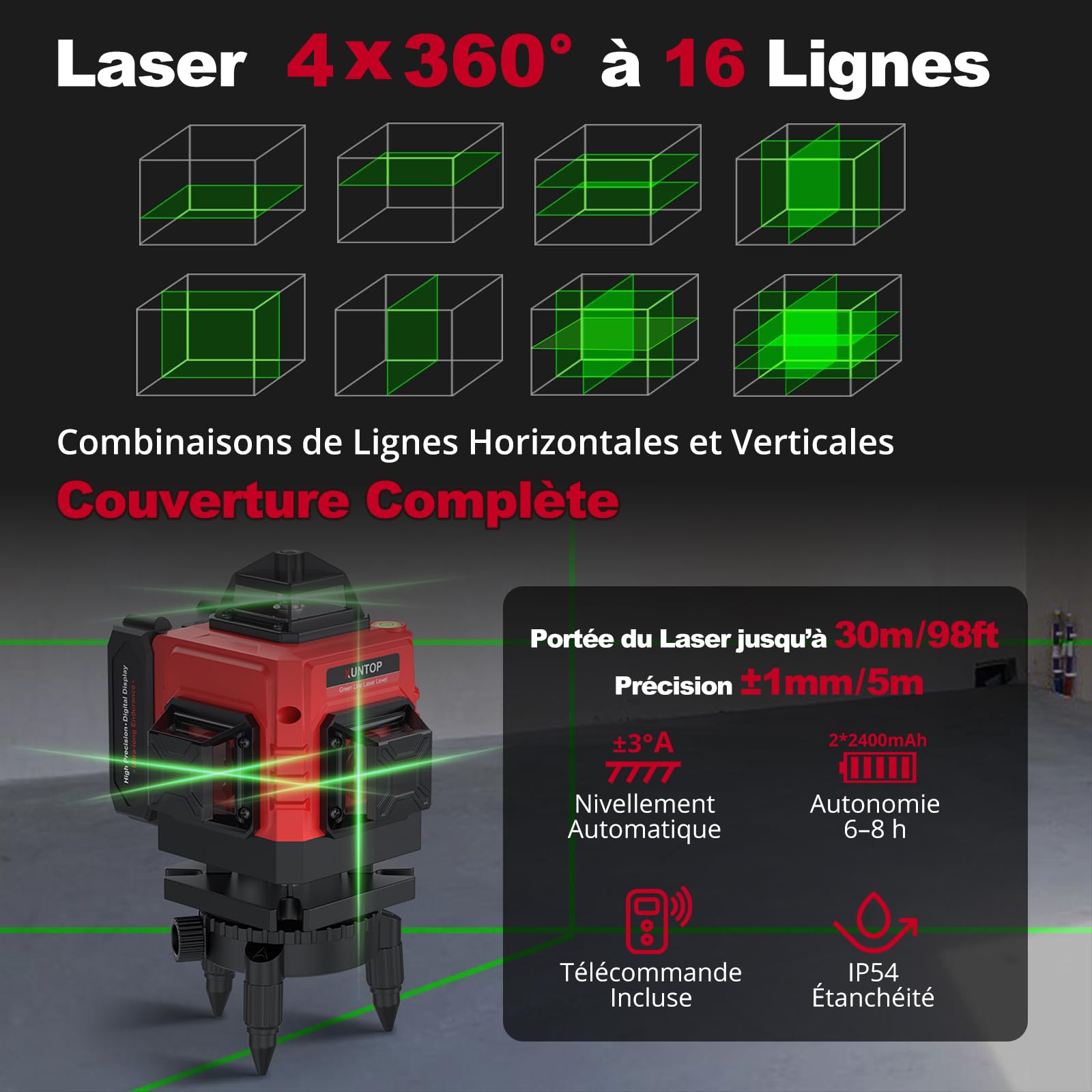 XUNTOP Niveau Laser Vert 16 Lignes Auto-nivelant - Rechargeable USB Type-C, Télécommande 5m, Précision ±1mm/5m - Avec Support Magnétique, Accessoires Complets, IP54 pour Chantier Bricolage Carrelage