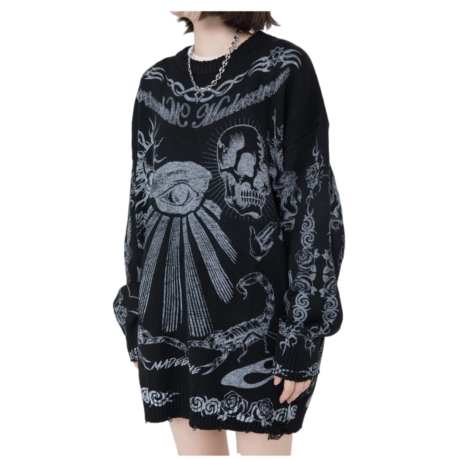 Harajuku Retro Street Sweater Gothic Skull Eye Sweater Printed Hip Hop Oversized Pullover Sweater Long Sleeves