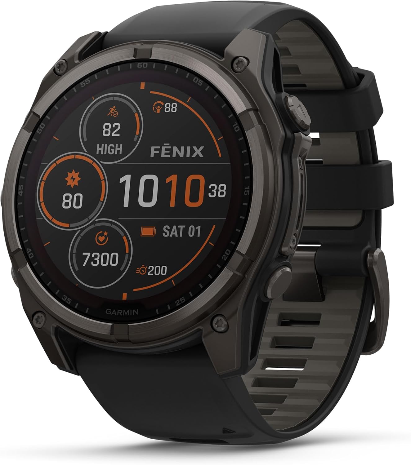 Garmin Fenix 8 Premium Multisport GPS Running Smartwatch, 51 mm, Sapphire, Solar, Dive-Rated, Built-in Flashlight, DLC Titanium with Pebble Gray Band - Signature Series Charging St...