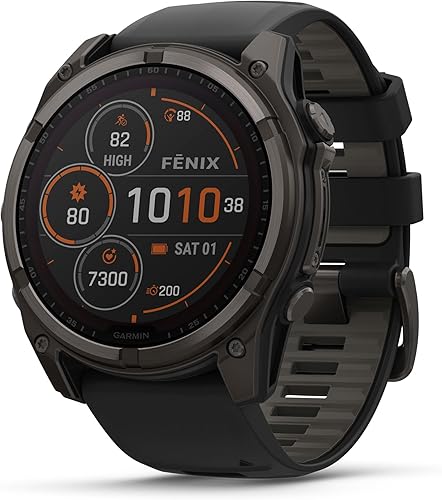 Miniatura 84 de Garmin Fenix 8 Premium Multisport GPS Running Smartwatch, 1.693 in AMOLED, con clasificación de inmersión, linterna incorporada titanio DLC gris