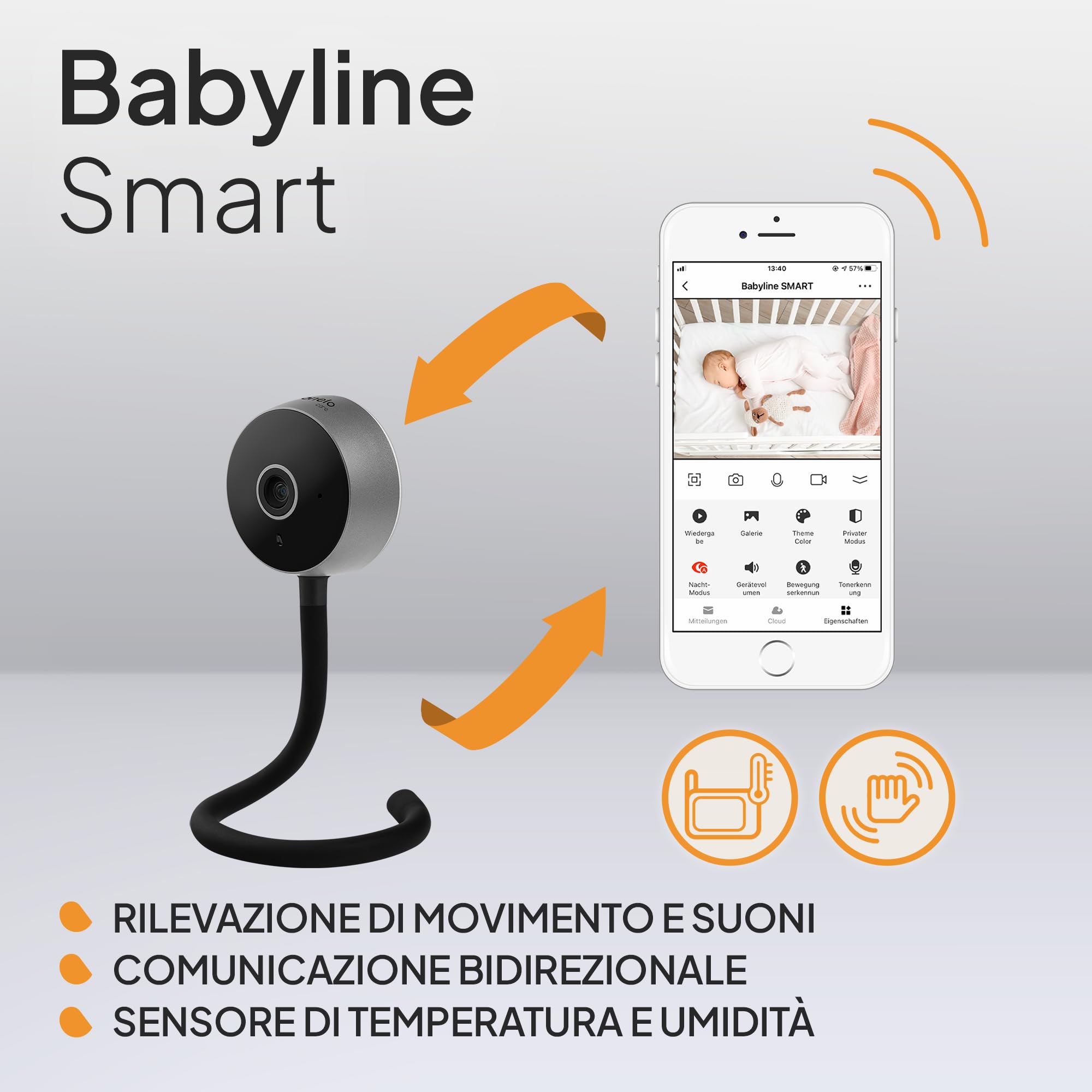 Lionelo Care Babyline Smart Smart, Baby Monitor, Baby Camera Wi-Fi, Applicazione mobile, Rilevazione di movimento e rumore, Visibilità al buio
