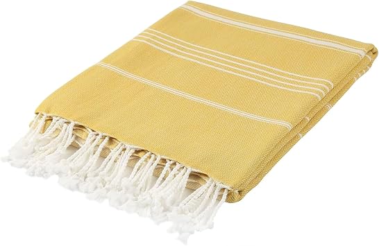 Blue Beach Turkish Towel - 100x180cm Large Turkish Hammam Peshtemal Towel - Super Absorbent, Quick Dry, Sand Free, Lightweight, Compact Towels for Swimming, Bath, Yoga Gym, Sauna and Travel (Mustard)