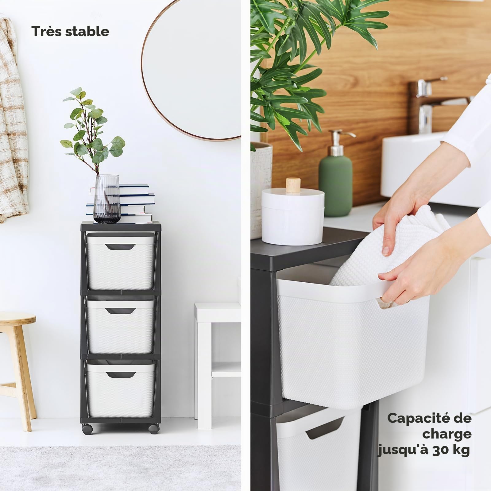 Rotho Jive meuble de rangement à 3 boîtes de rangement 3 x 16 L mobile noir