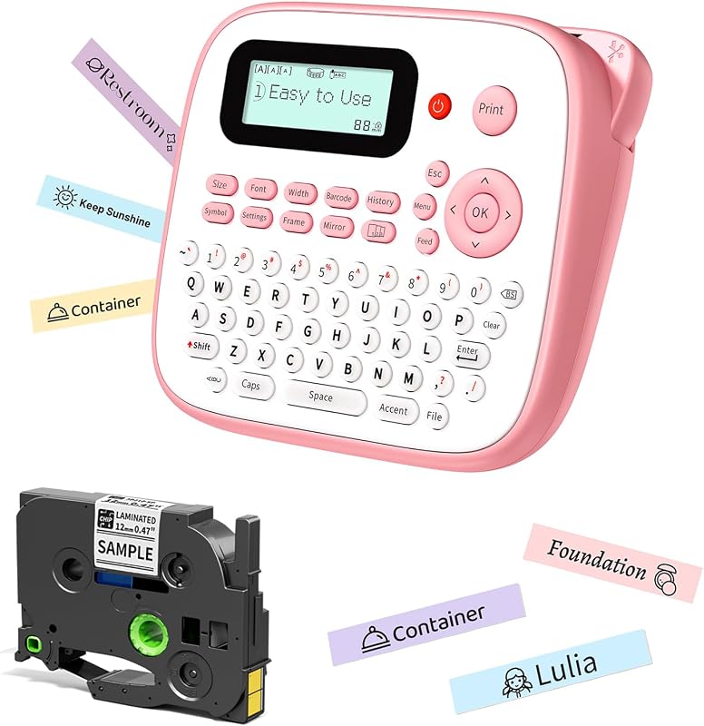 D210S Pink Label Maker Machine with-Tape, Portable Kids Label Maker | Handheld Electric Label Maker with keyboard, Easy Labeler with Multiple Fonts Frame Barcode for Home Office School Supplies