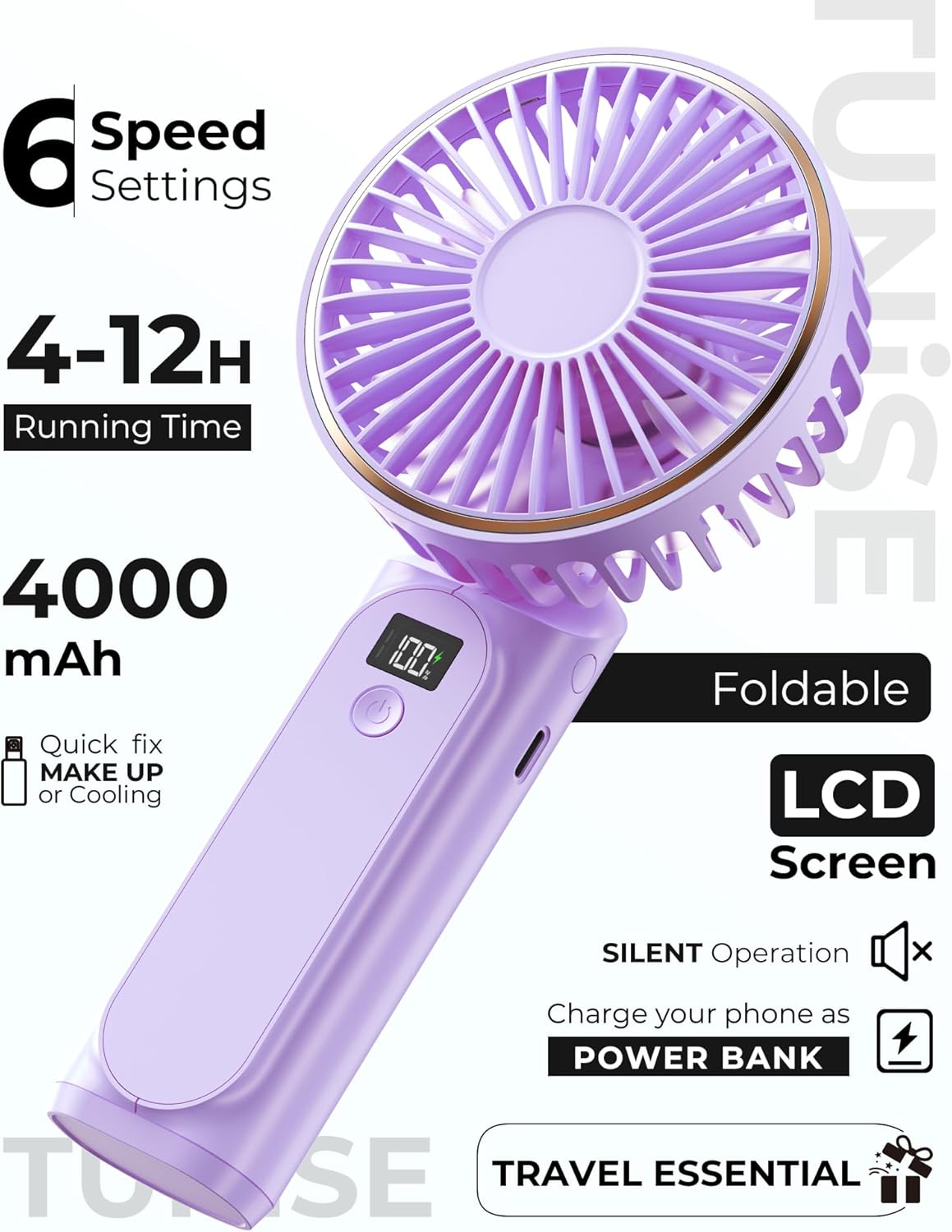 TUNISE Portable Handheld Fan, 4000mAh, 180 Adjustable, 6 Speed Wind, USB Rechargeable Foldable Fan with Real-Time Electricity Display image 2