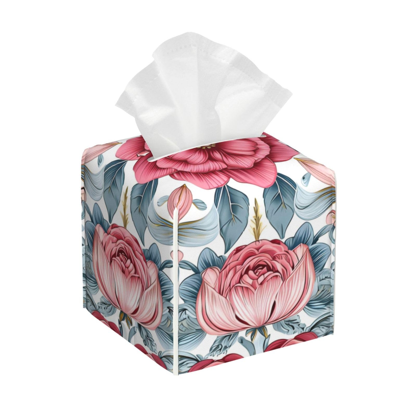 Decorative Square Tissue Box Cover, Floral Pattern, Black and Gray Roses, PVC Leather, Waterproof Lightweight, Tissues Holder with Storage (Royal Pink C)