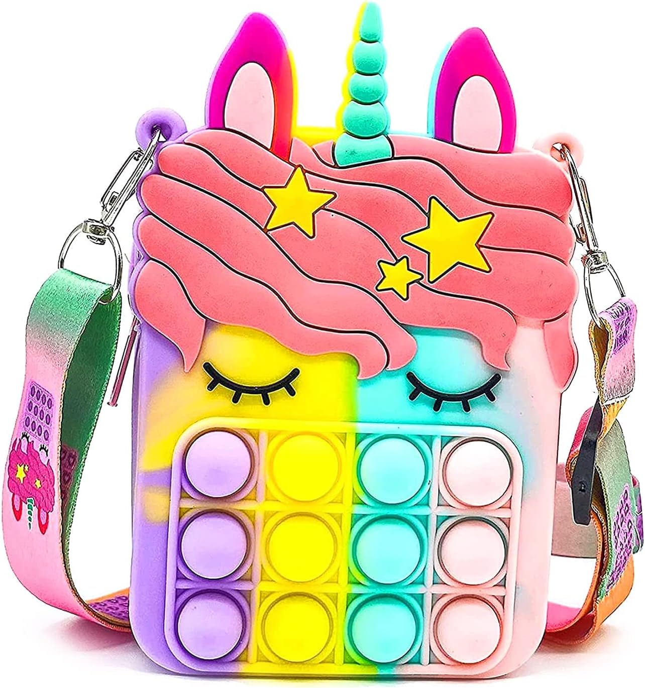 SILLYME Pop it Bag Unicorn Sling Purse Pouch for Girls - Small Size - (Random Color) - Fidget Toys for Kids - Small Travel Pouch - Crossbody Shoulder Bag