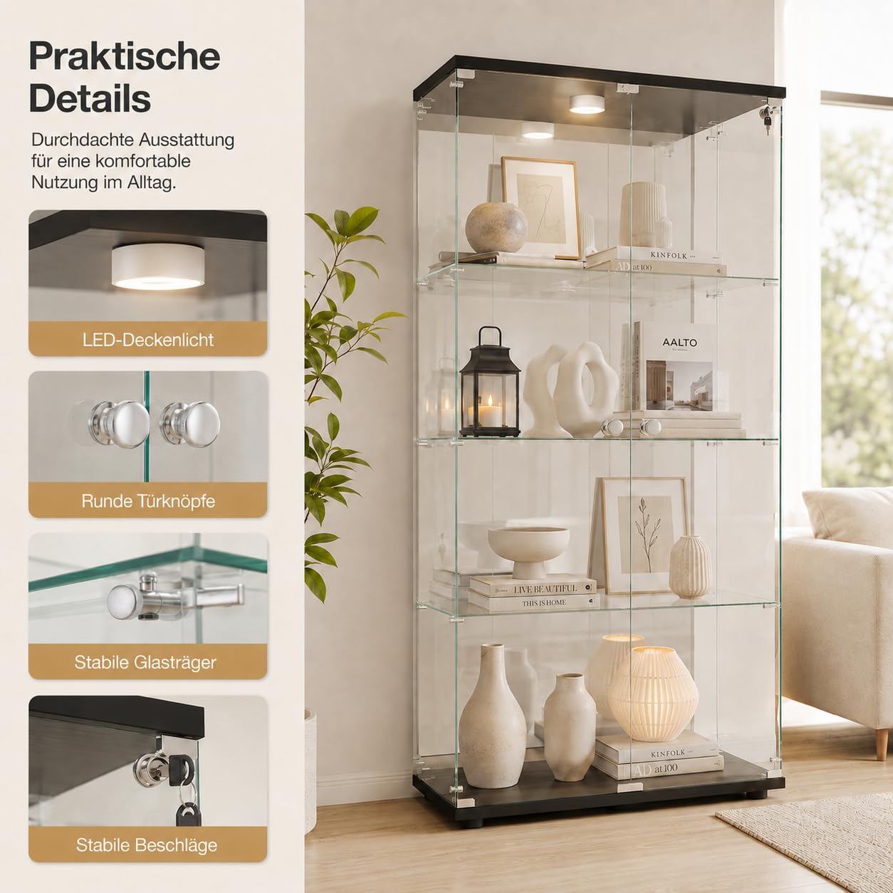 Vitrina de cristal con LED, vitrina de coleccionista de pie con 2 puertas de cristal con cerradura y 4 estantes, vitrina transparente, para salón, oficina, coleccionables, libros, vino (negro)