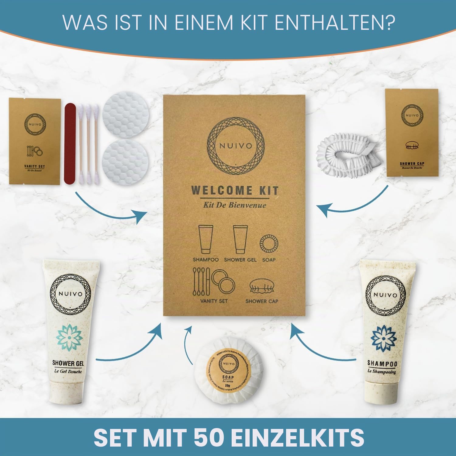 50 Stück Umweltfreundliches Starter-Set für Hotel, Airbnb, Gîte, Hochzeit, Seminar – Mini-Shampoo, Duschgel, Seife, Kosmetikset, Badekappe – parabenfrei, Reisegröße