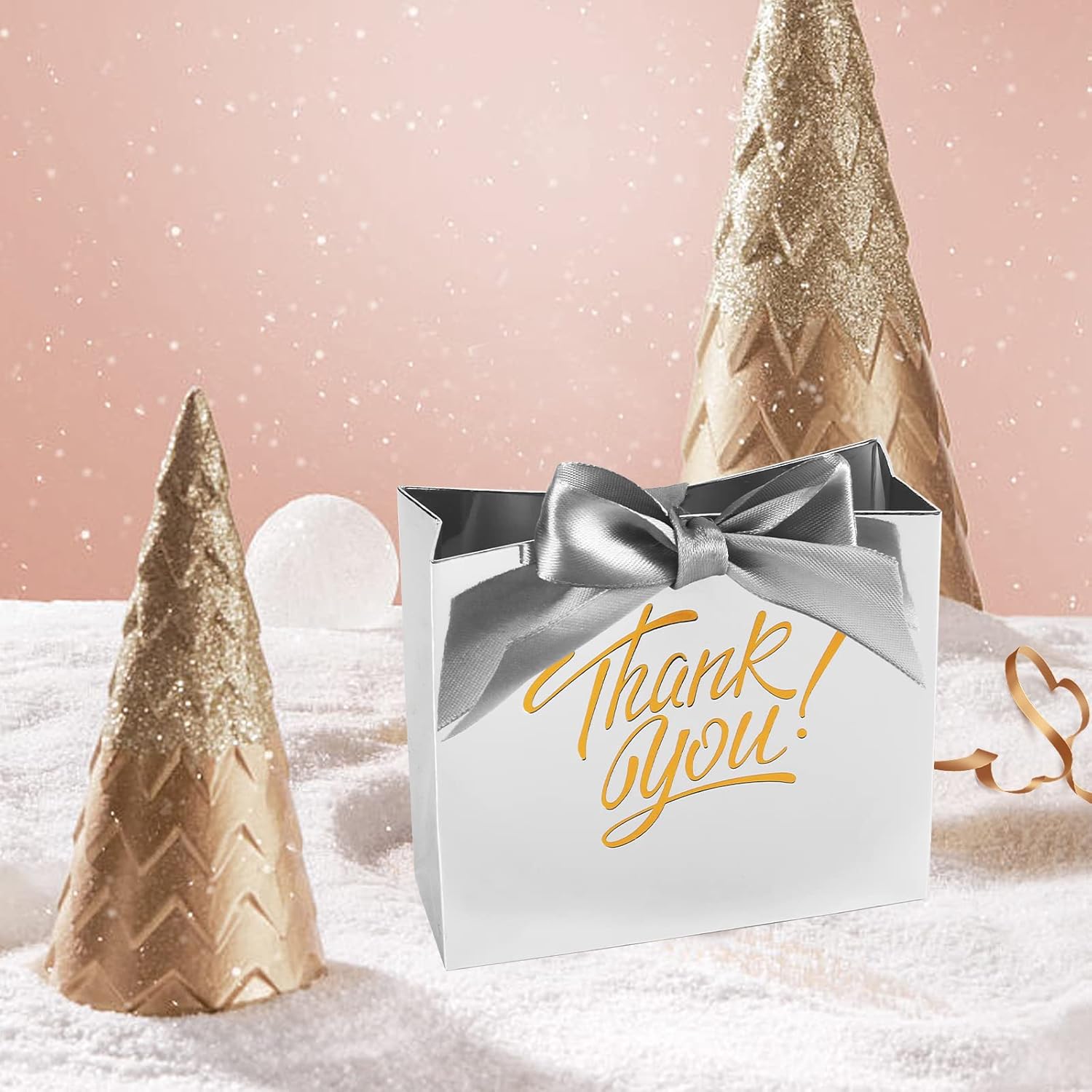 KPOSIYA Small Gift Bags, 50 Pack Small Thank You Bags 4.5x1.8x3.9 Inches Party Favor Bag Silver Paper Candy Boxes with Bow Ribbon,Mini Gift Box for Wedding Baby Shower Birthday Bridal Business Party Supplies (Silver) - Image 4