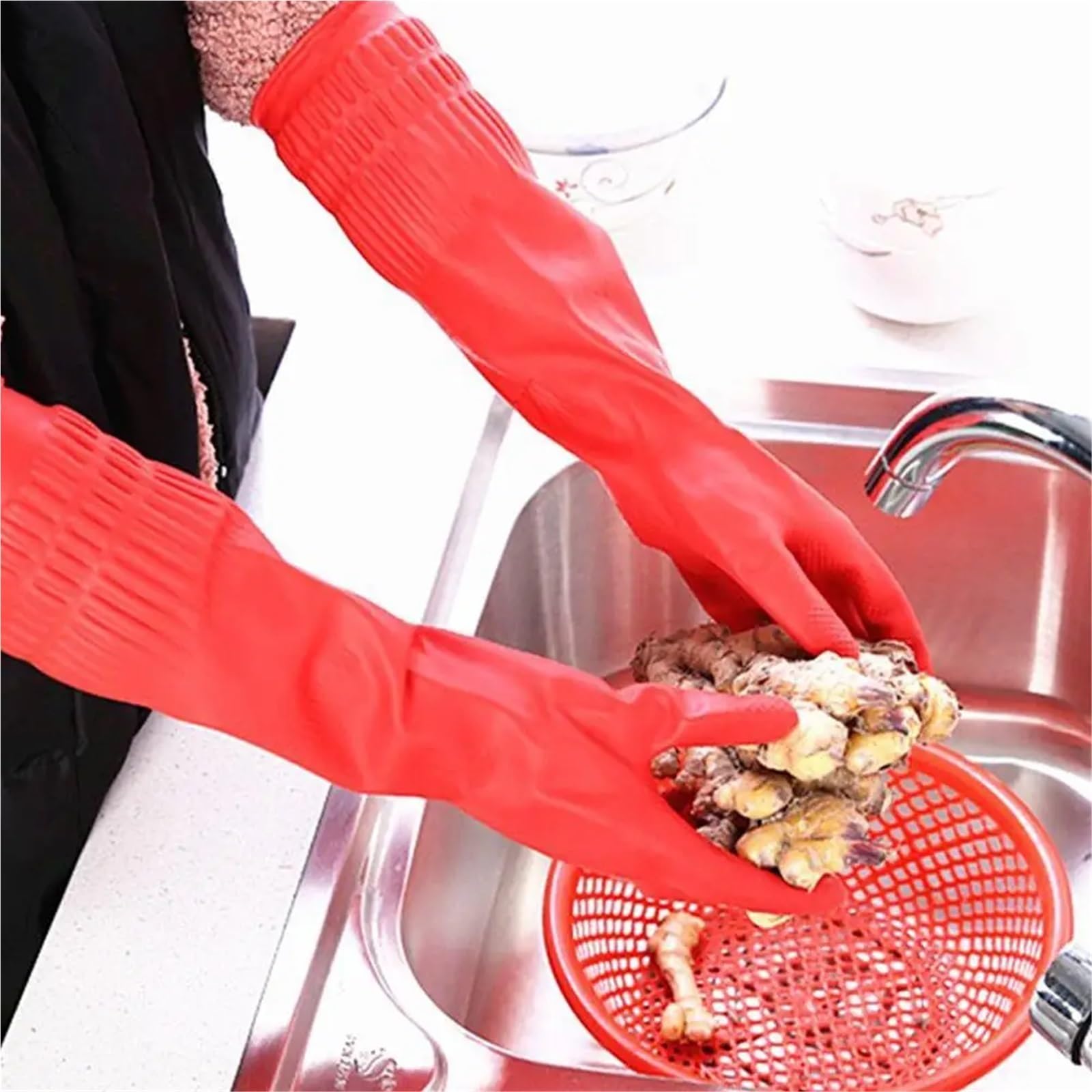 Guanti da cucina 3 pezzi Lavare i piatti Pulizia rossi impermeabili in lattice di gomma a maniche lunghe Strumento Per La Casa(S)