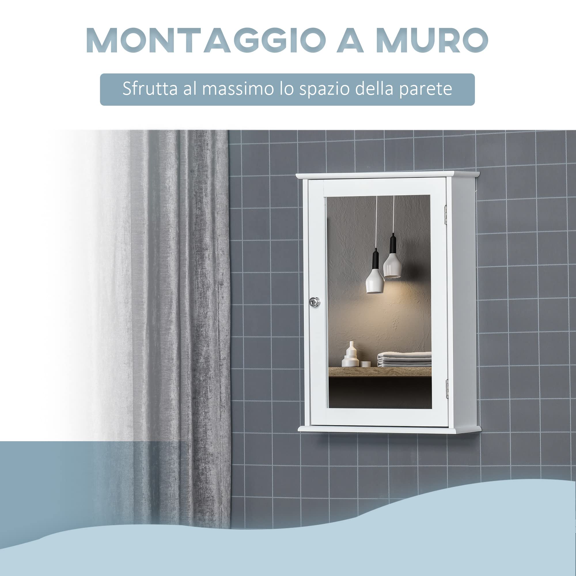 kleankin Specchio Bagno Contenitore con Chiusura Magnetica, Mobiletto Bagno da Parete Salvaspazio in Legno, 41x14x60cm, Bianco