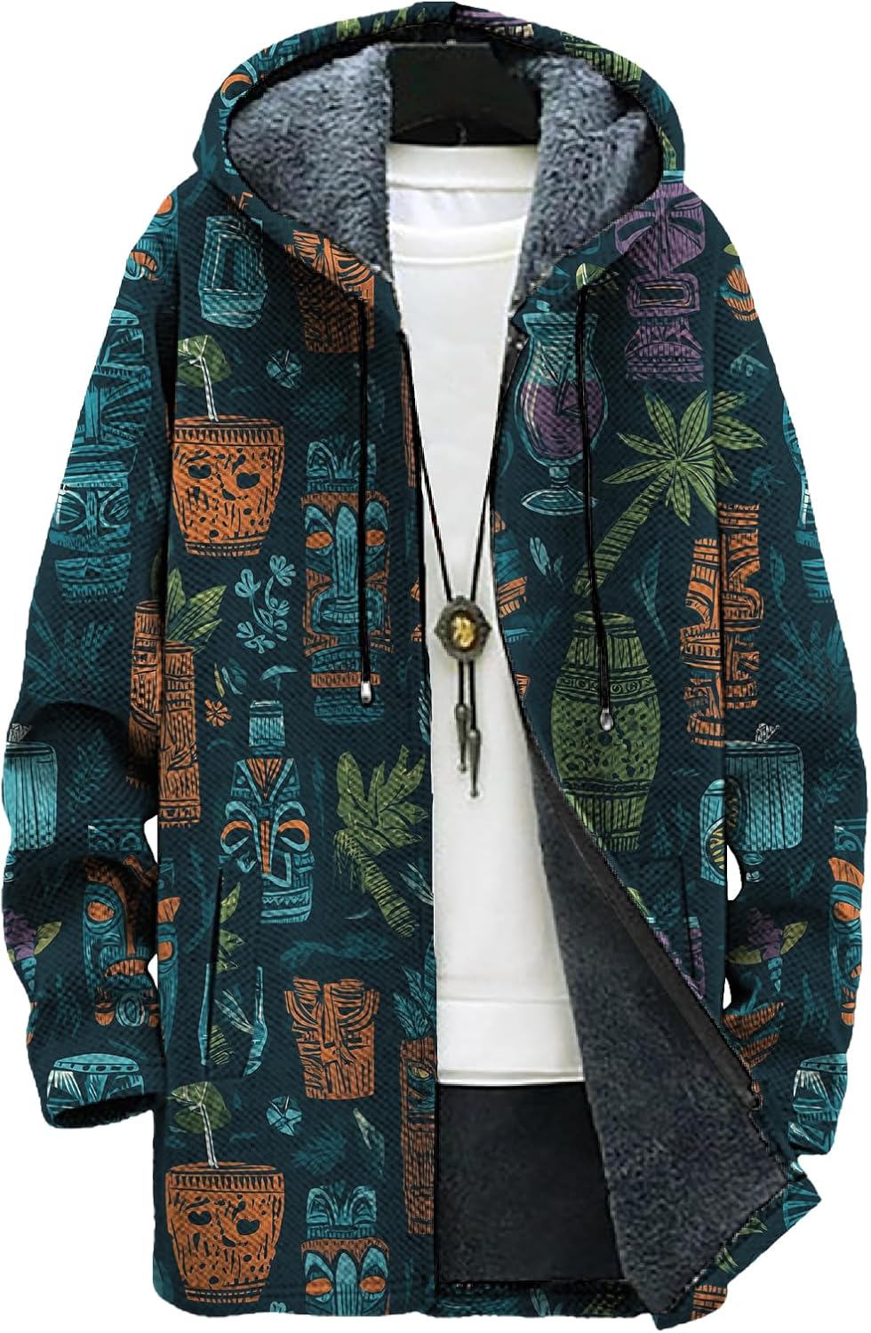 Hooded Jacket for Men Trendy Graphic Print Warm Fleece Lined Winter Swearshirts Comfy Fall Outwear with Pockets