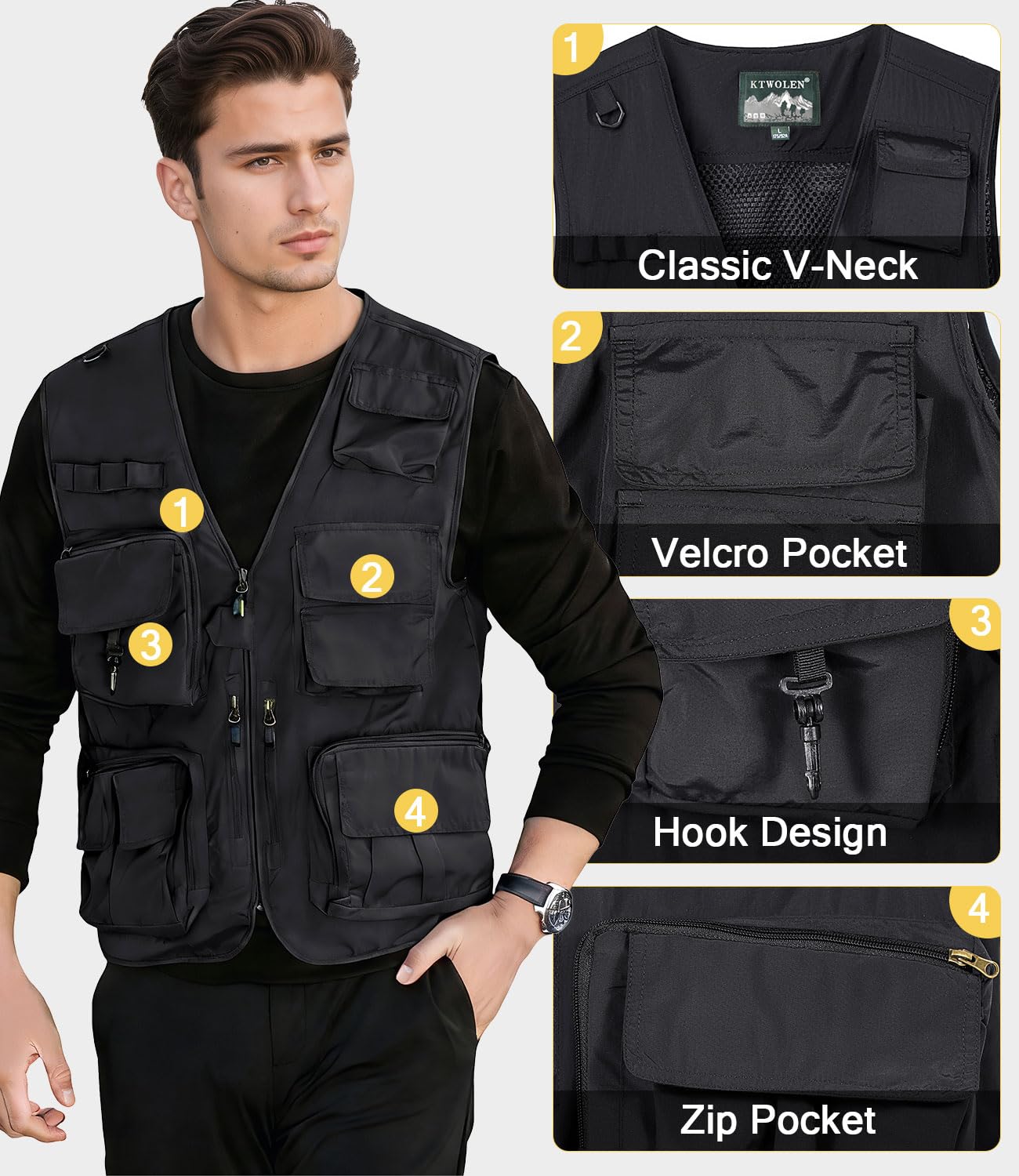 Homme Gilet de Pêche Multi-Poches Gilets Léger Respirant à Séchage Rapide Gilet de Photographe Camping Chasse Gilet Extérieur sans Manche avec 15 Poches