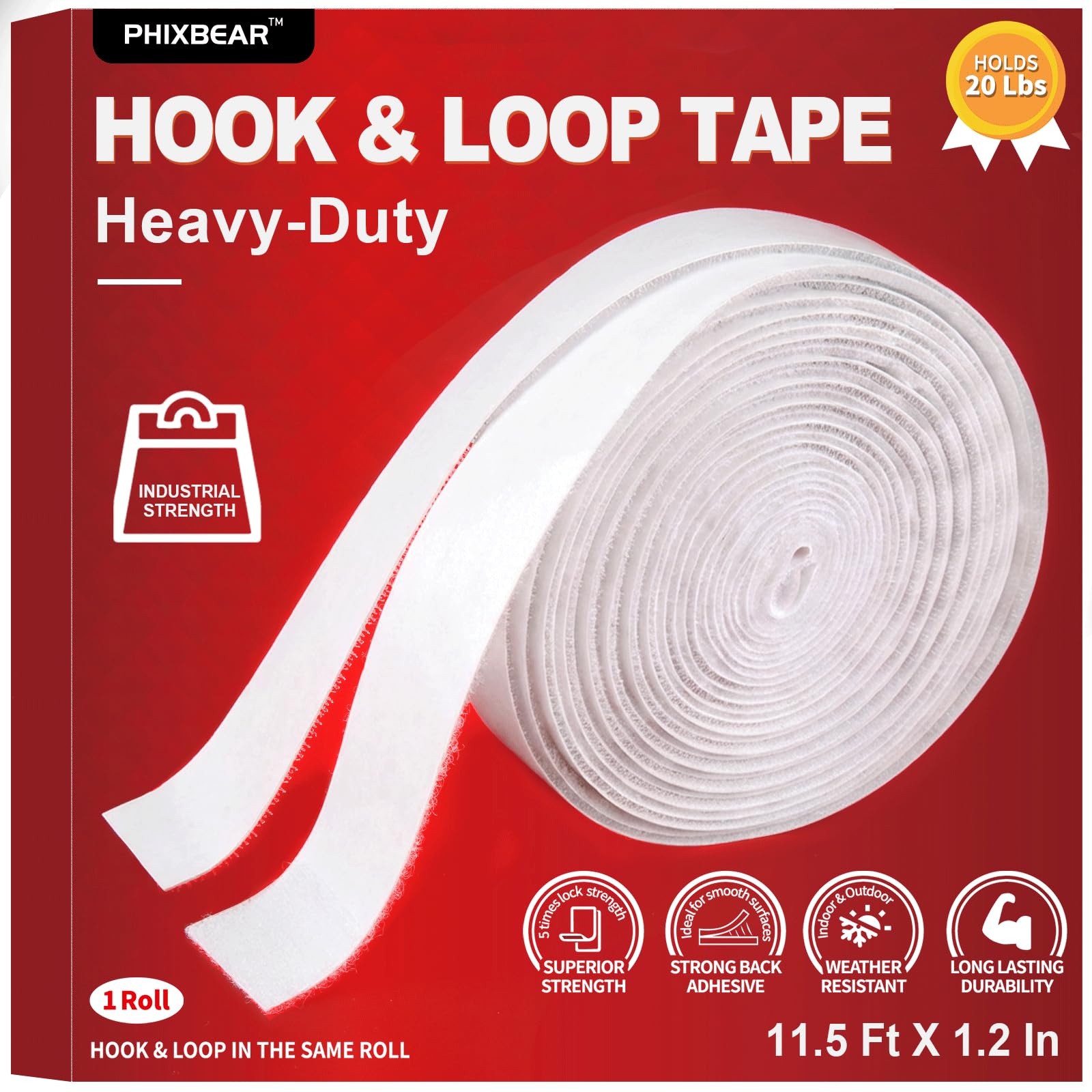 PHIXBEAR Industrial Strength Hook and Loop Tape Heavy Duty Waterproof, Outdoor Mounting Tape Fasteners with Strong Adhesive, Holds 20 Lbs, Perfect for