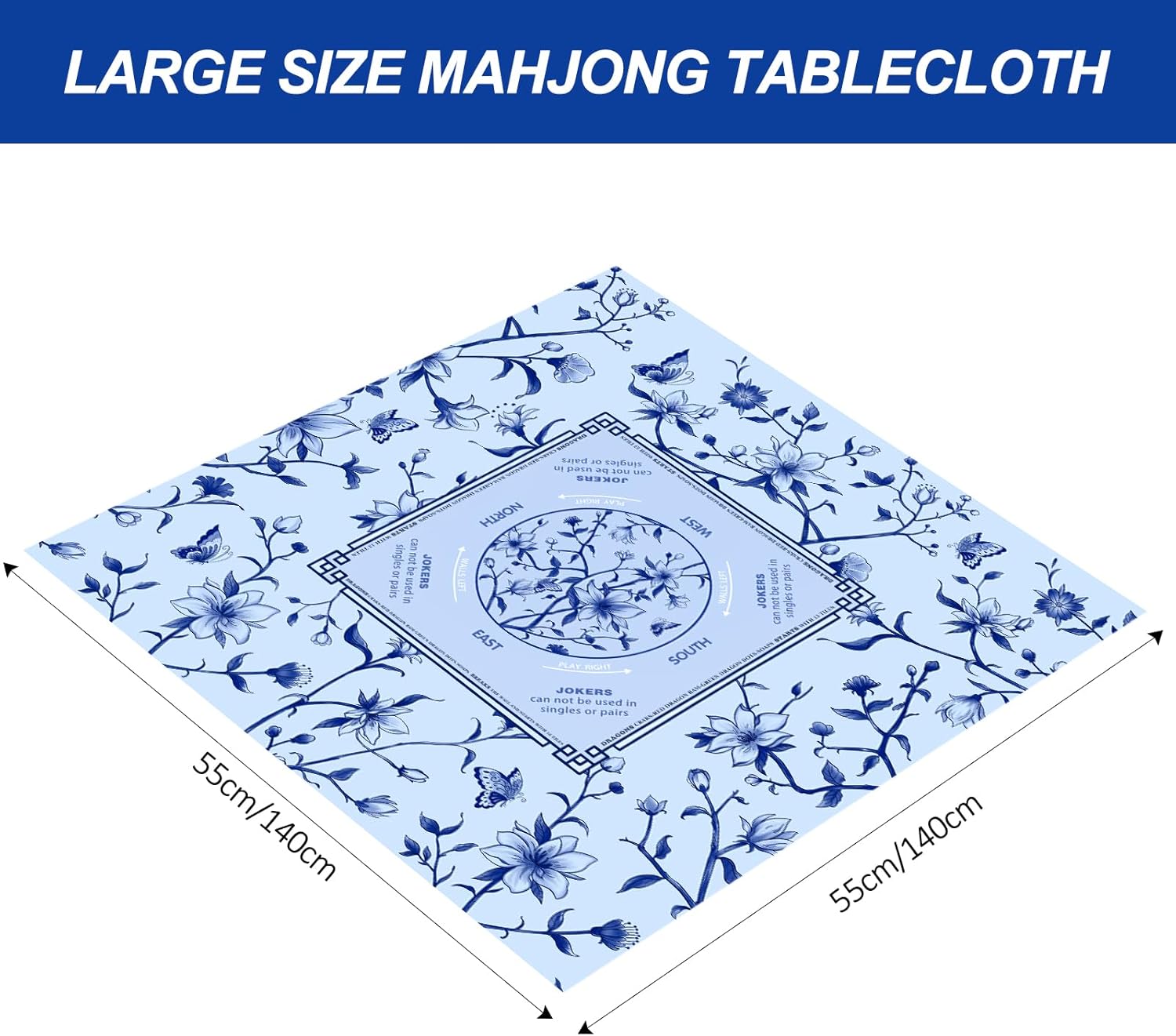 American Mahjong Learning Tablecloth, Printed Card Table Cloth, 55”x 55” Square Game Table Cover with Game Rules for Mahjong Beginners, Card, Board Games(Blue and White)